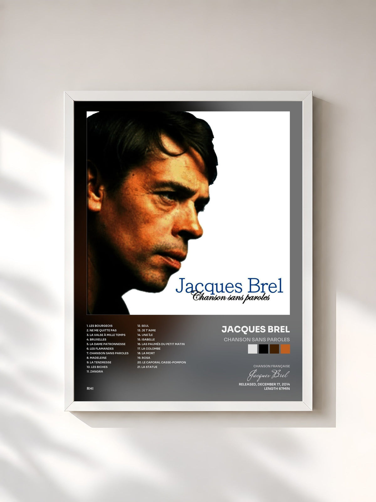 #blanc Tableau de l'album Chanson sans paroles de Jacques Brel, cadre blanc, imprimé et encadré en France