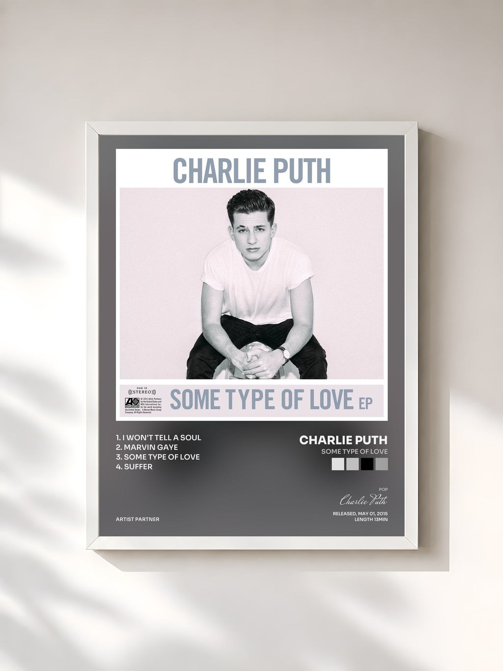 #blanc Tableau de l'album Some Type of Love de Charlie Puth, cadre blanc, imprimé et encadré en France