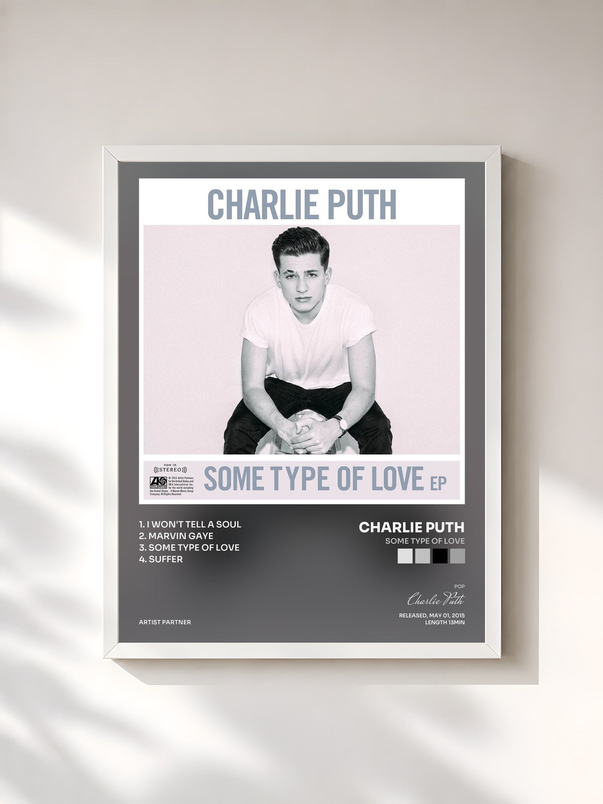 #blanc Tableau de l'album Some Type of Love de Charlie Puth, cadre blanc, imprimé et encadré en France