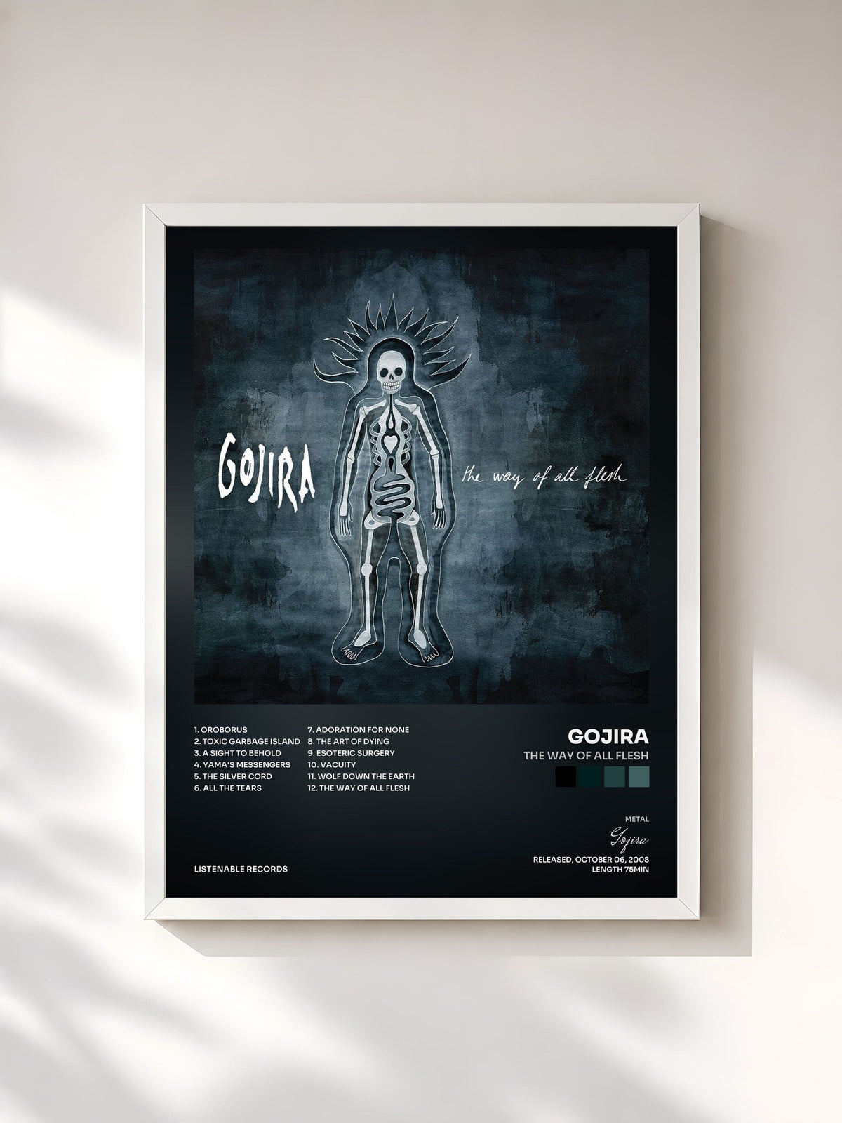 #blanc Tableau de l'album The way of all flesh de Gojira, cadre blanc, imprimé et encadré en France