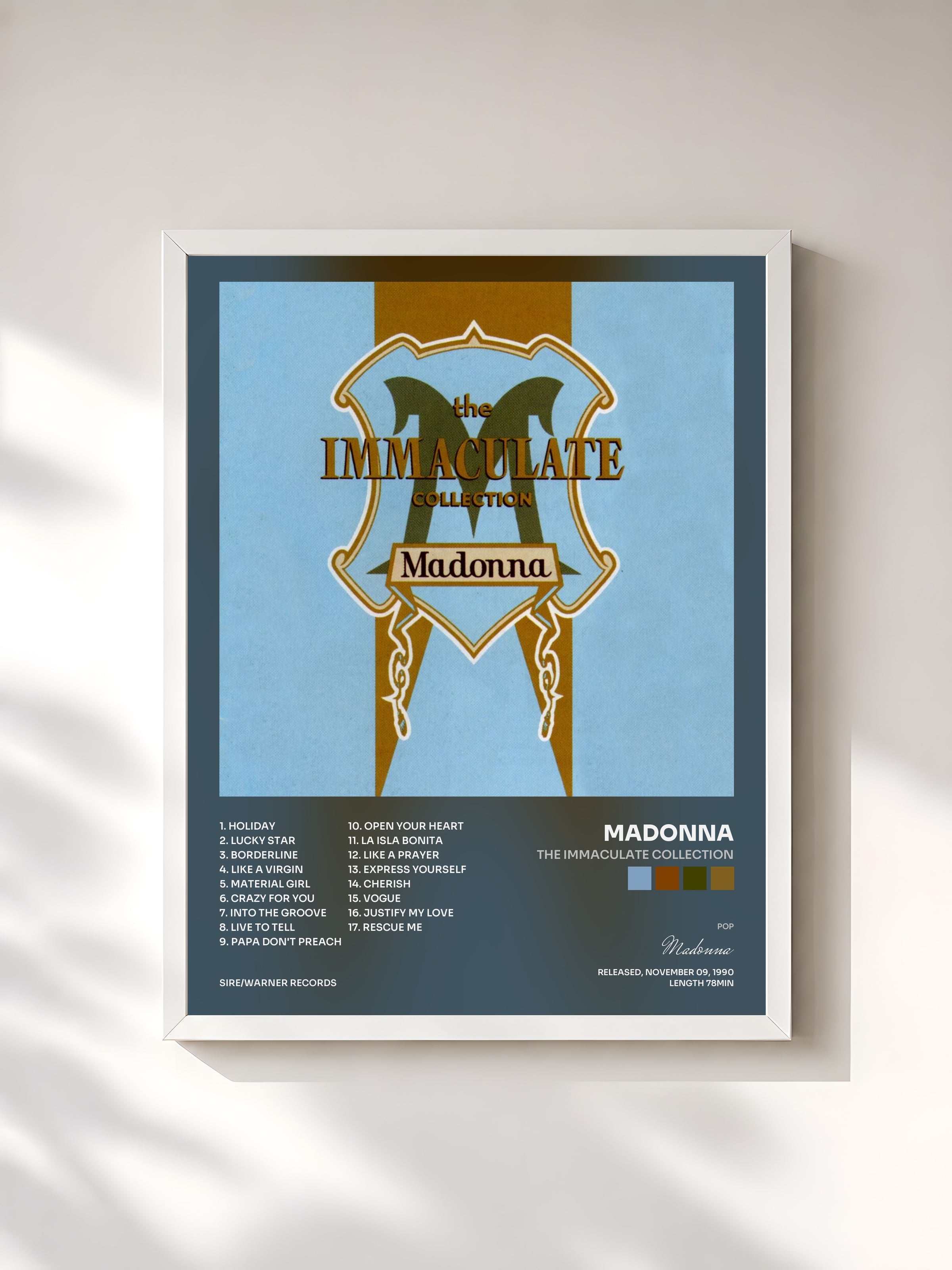 #blanc Tableau de l'album The Immaculate Collection de Madonna, cadre blanc, imprimé et encadré en France