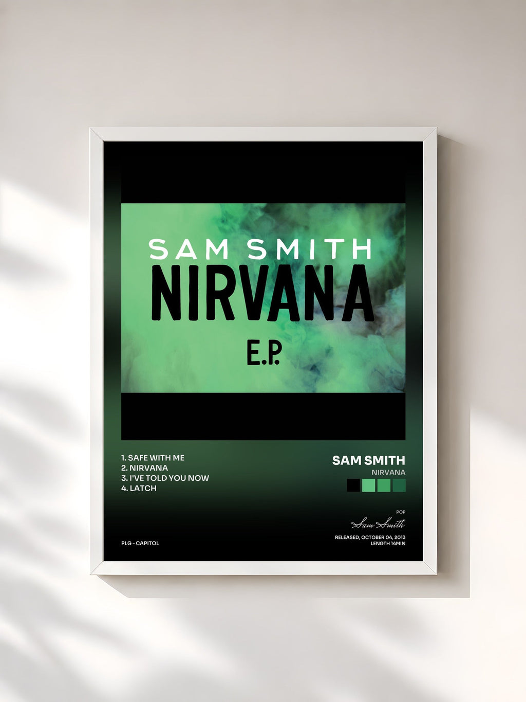#blanc Tableau de l'album Nirvana de Sam Smith, cadre blanc, imprimé et encadré en France