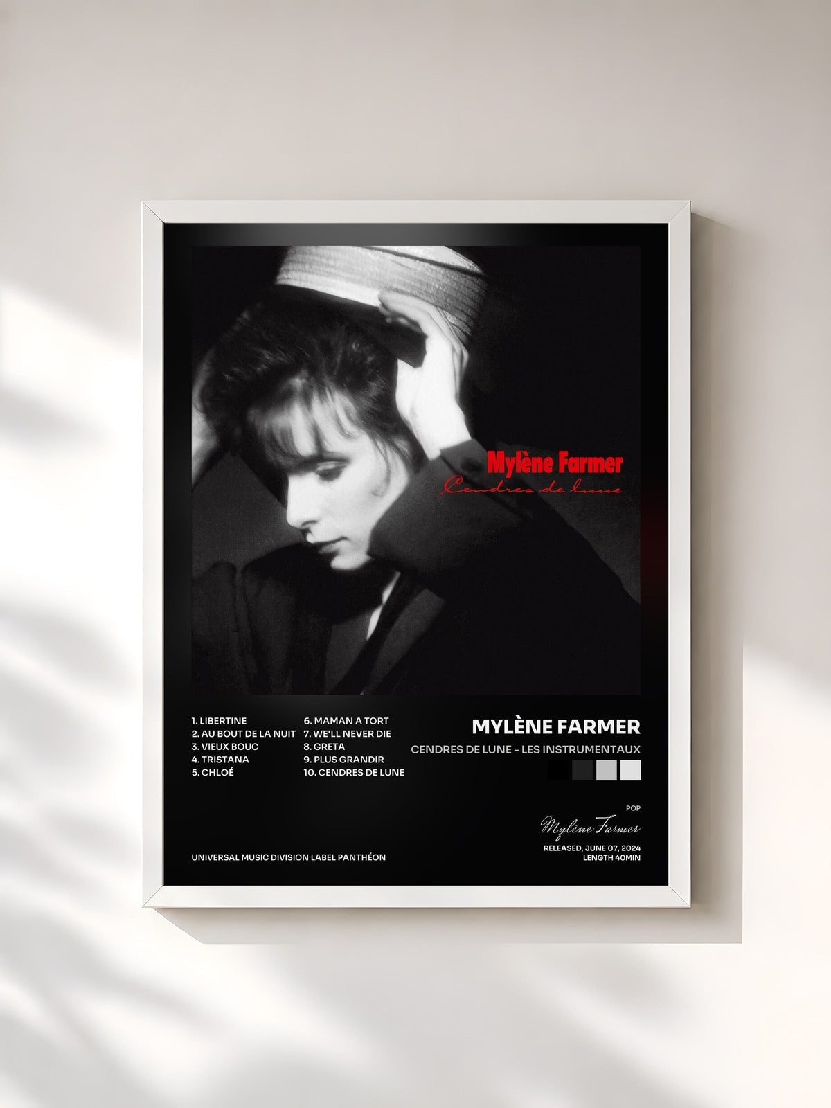 #blanc Tableau de l'album Cendres de lune - Les instrumentaux de Mylène Farmer, cadre blanc, imprimé et encadré en France