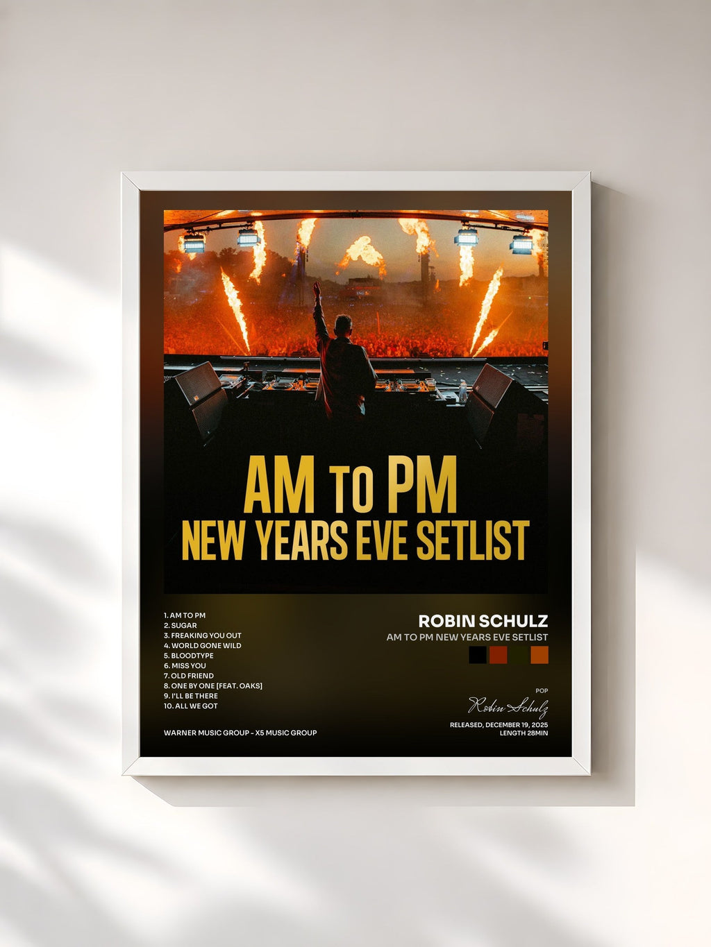 #blanc Tableau de l'album AM to PM New Years Eve Setlist de Robin Schulz, cadre blanc, imprimé et encadré en France