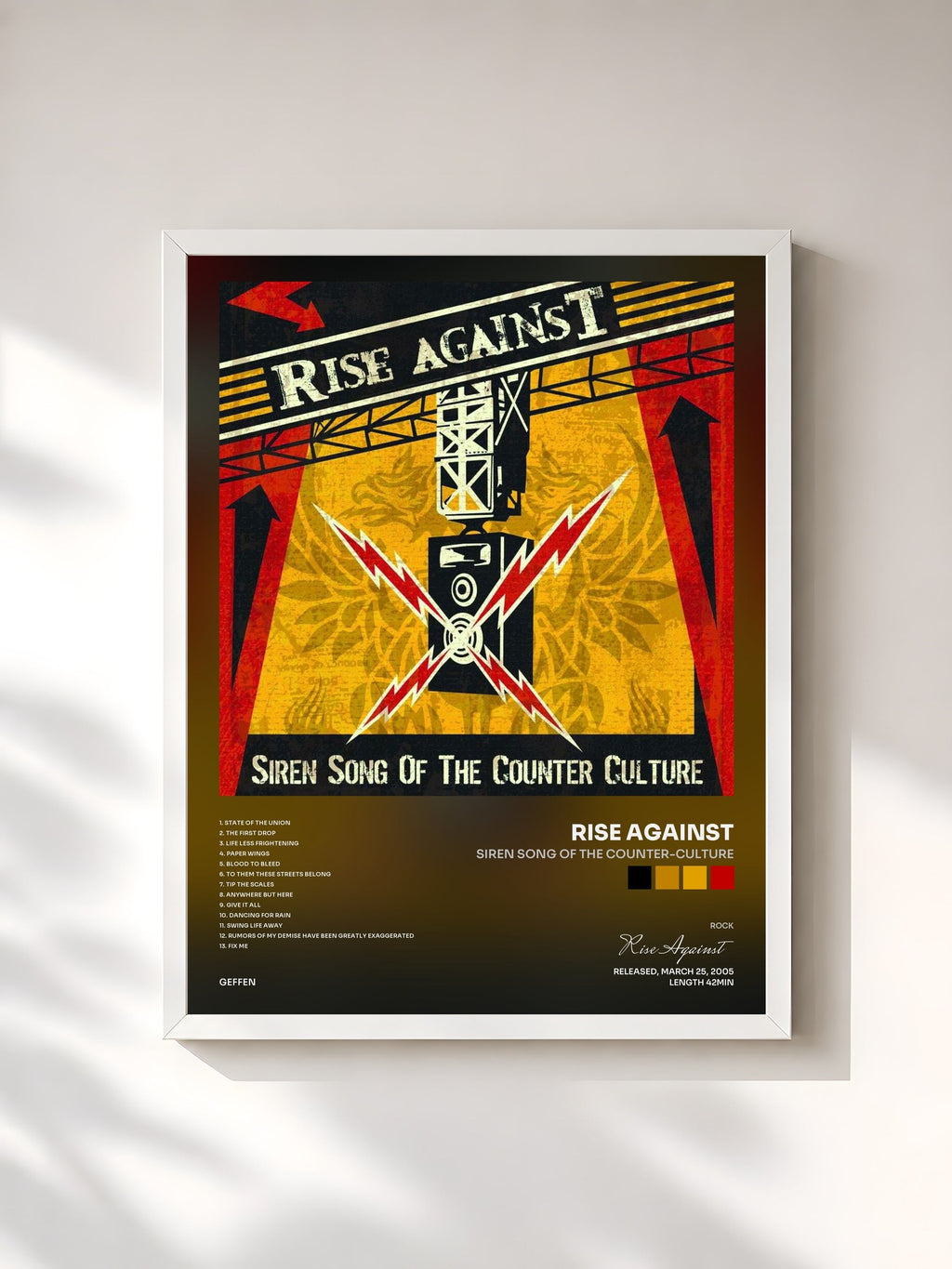 #blanc Siren Song Of The Counter-Culture de Rise Against en lámina enmarcada, marco blanco, impresa y enmarcada en Francia