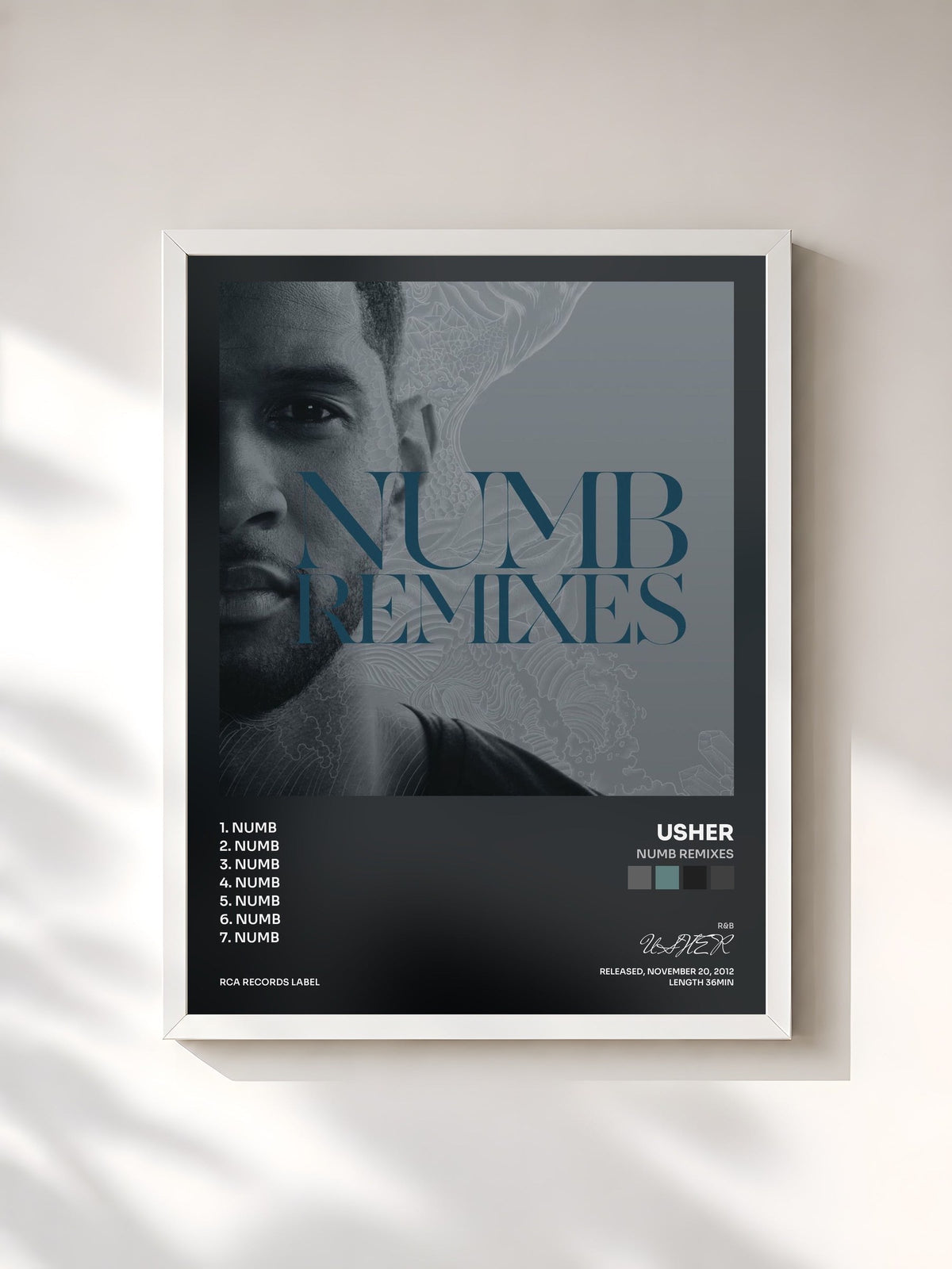 #blanc Tableau de l'album Numb Remixes de USHER, cadre blanc, imprimé et encadré en France