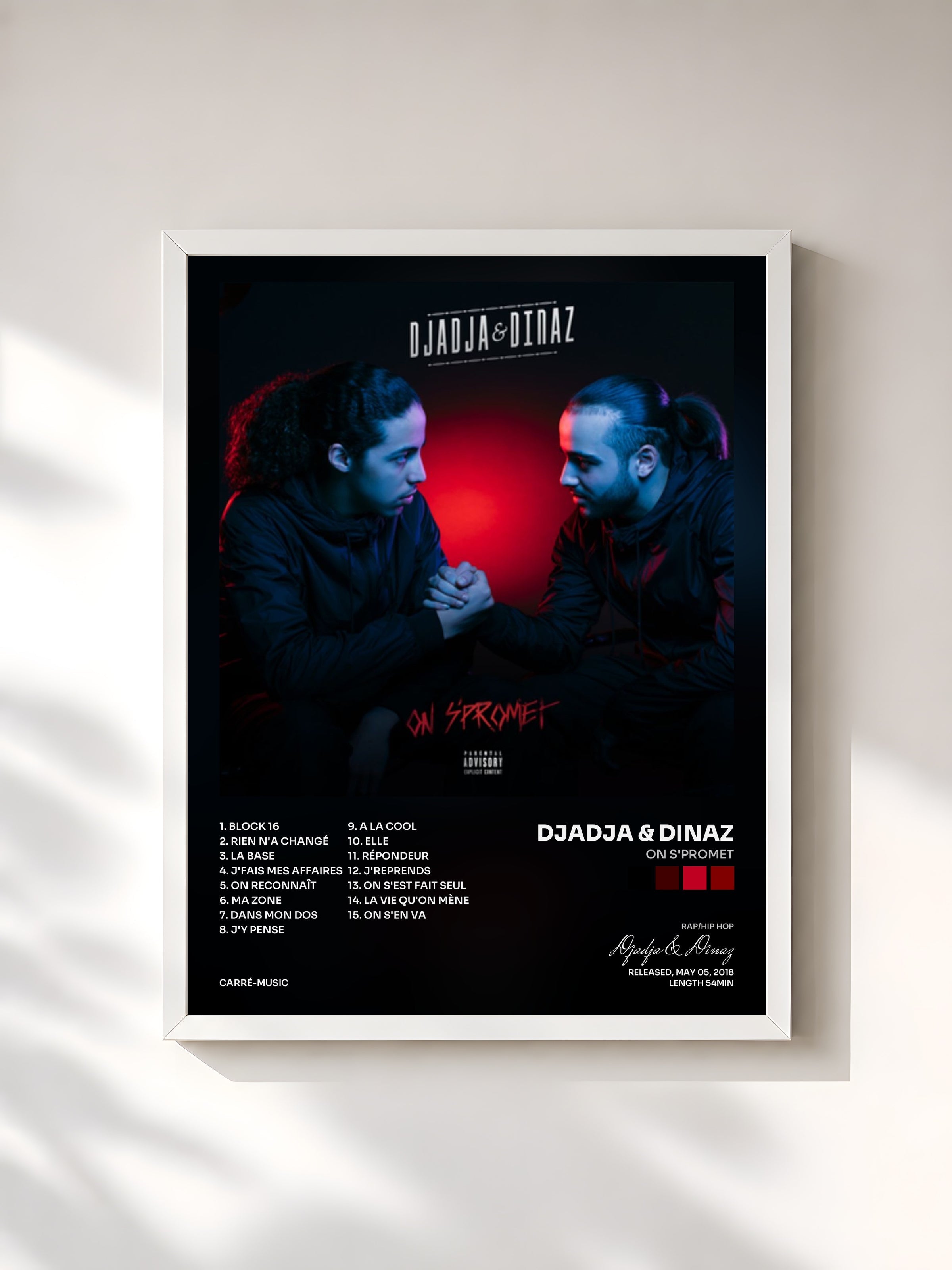 #blanc Tableau de l'album On s'promet de Djadja & Dinaz, cadre blanc, imprimé et encadré en France
