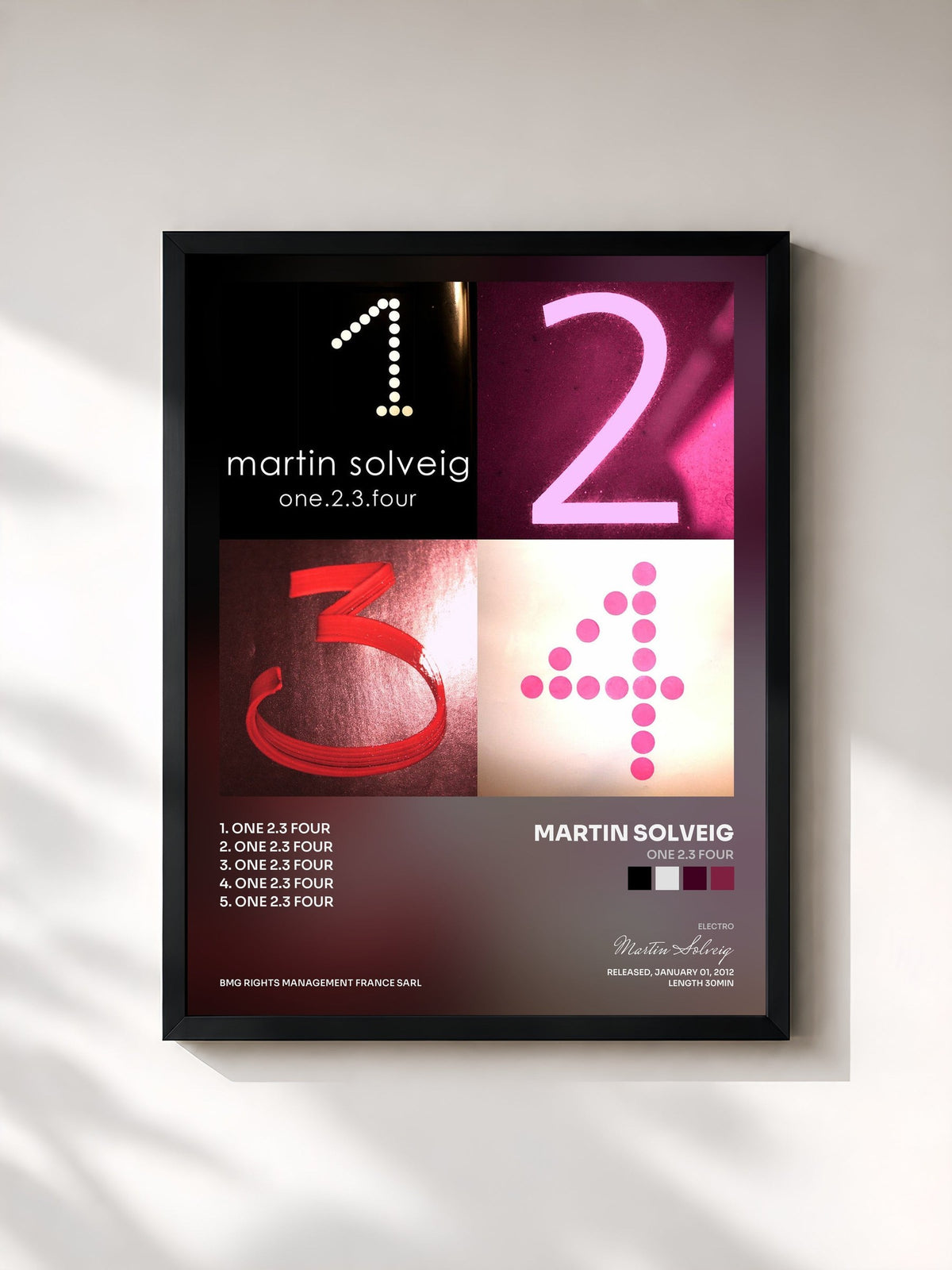#noir Tableau de l'album One 2.3 Four de Martin Solveig, cadre noir, imprimé et encadré en France
