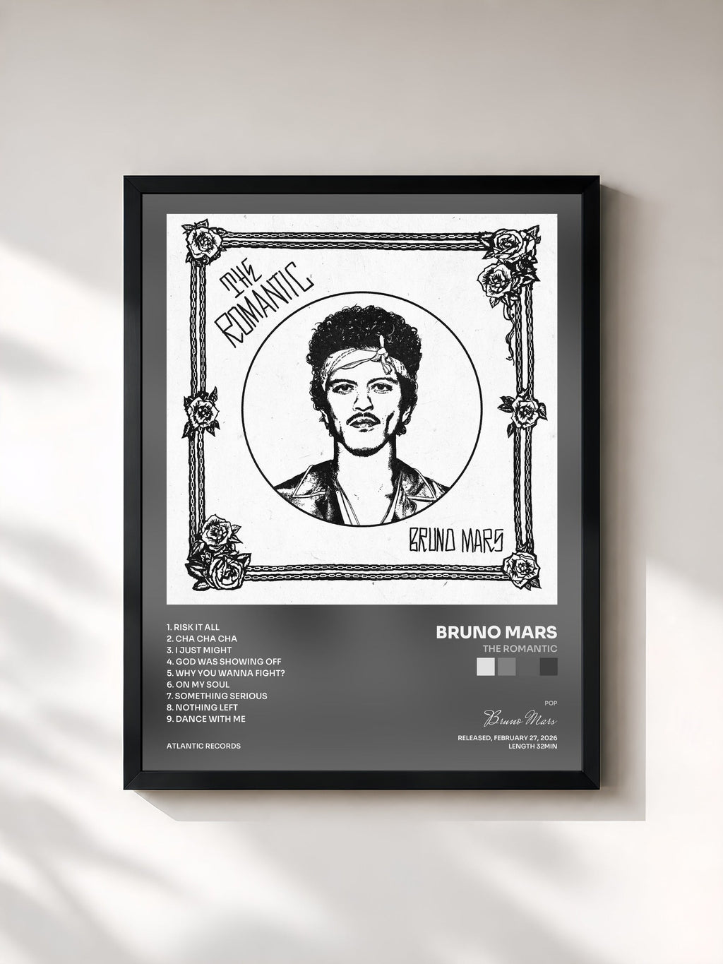 #noir Tableau de l'album The Romantic de Bruno Mars, cadre noir, imprimé et encadré en France