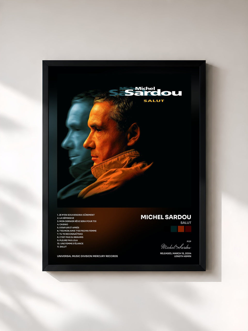#noir Salut de Michel Sardou en lámina enmarcada, marco negro, impresa y enmarcada en Francia