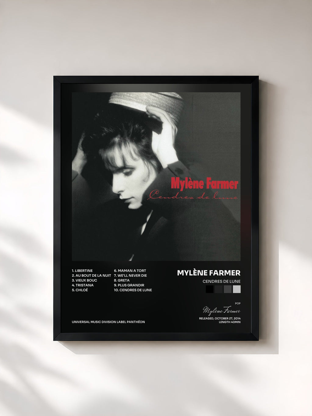 #noir Cendres von lune de Mylène Farmer als gerahmter Kunstdruck, schwarzer Rahmen, gedruckt und gerahmt in Frankreich