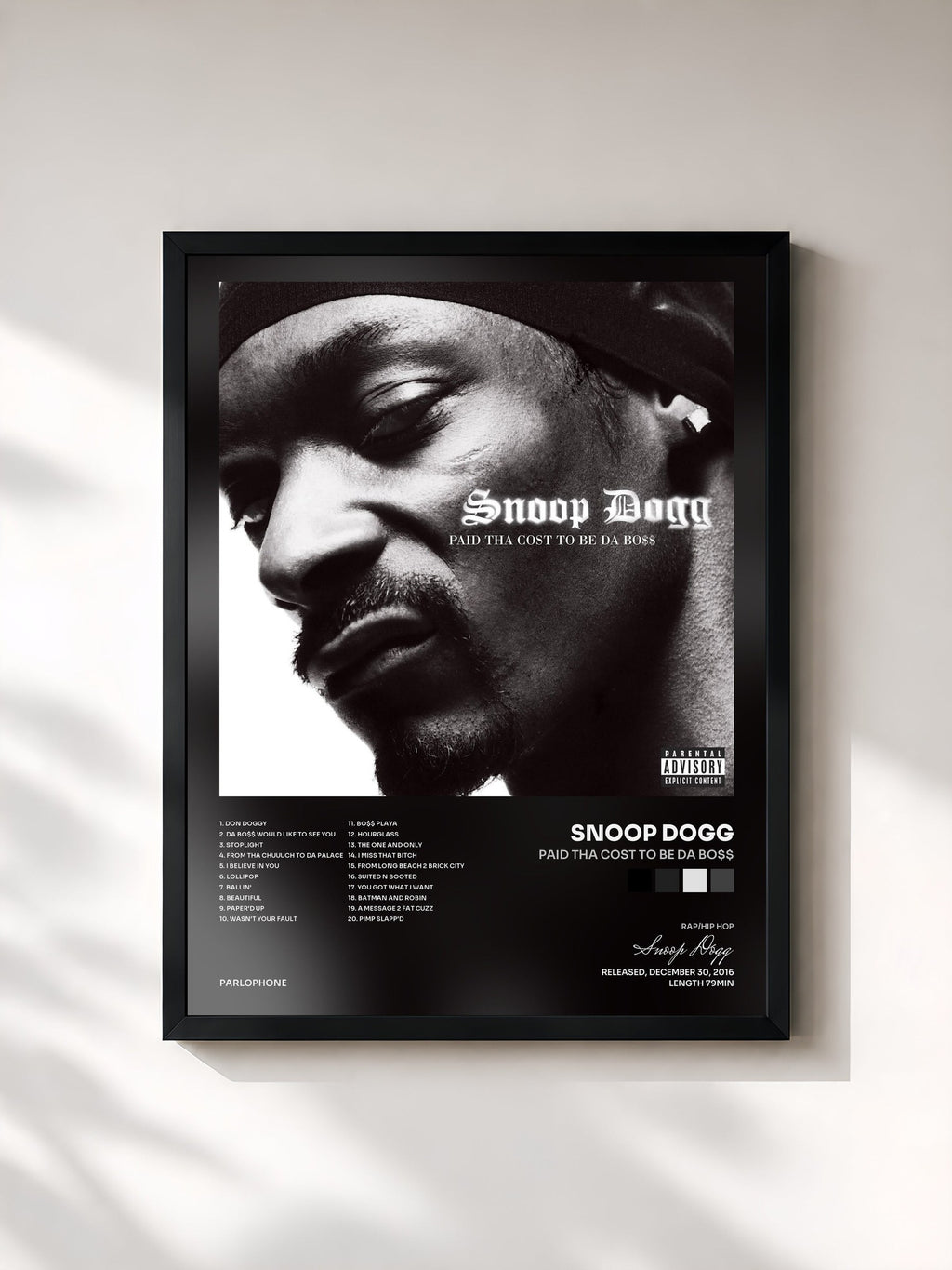#noir Tableau de l'album Paid Tha Cost To Be Da Bo$$ de Snoop Dogg, cadre noir, imprimé et encadré en France