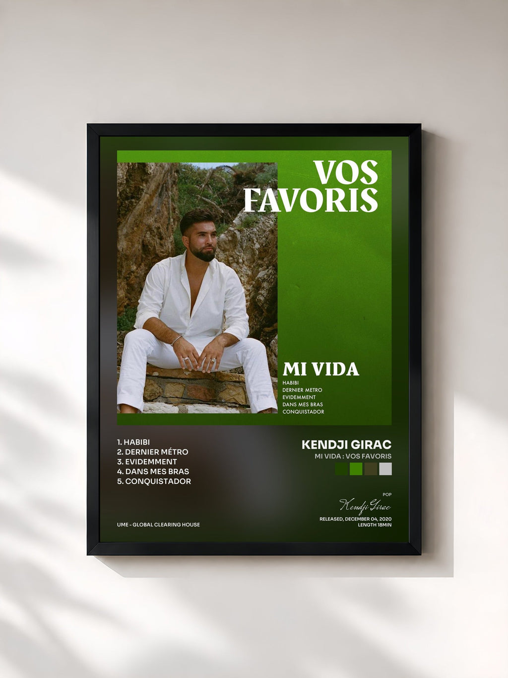 #noir Tableau de l'album Mi vida : Vos favoris de Kendji Girac, cadre noir, imprimé et encadré en France