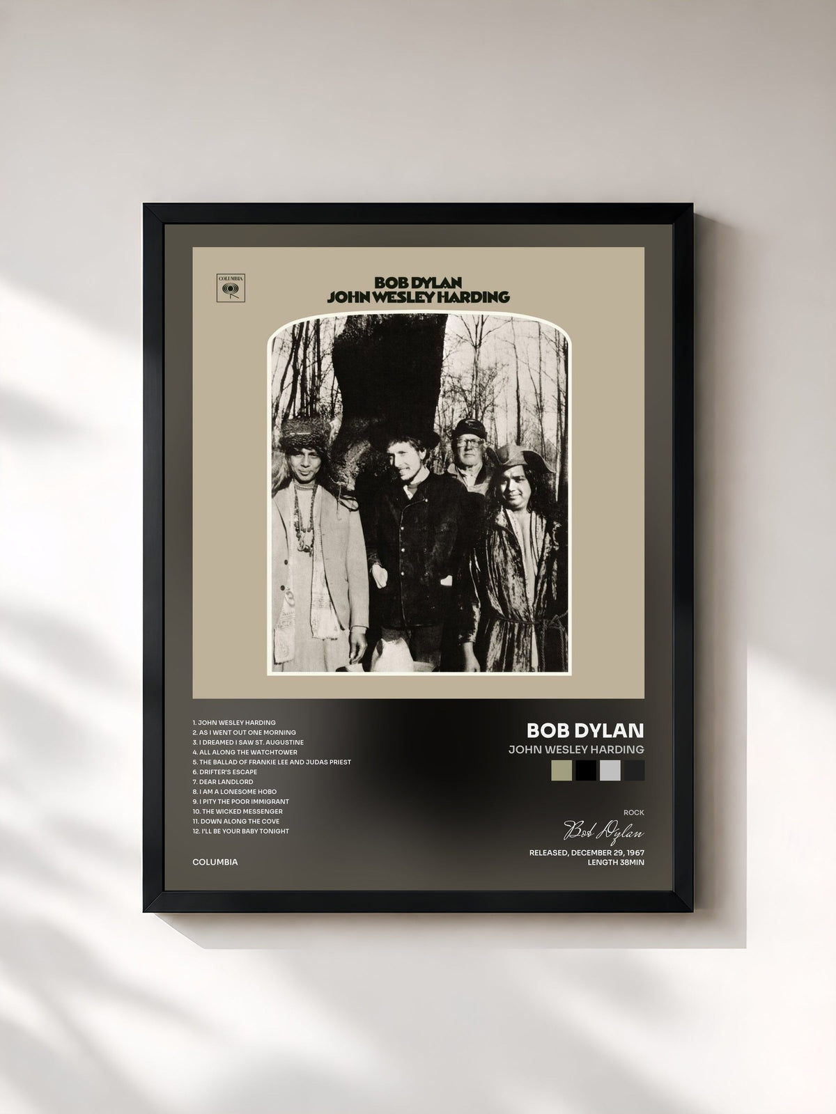 #noir Tableau de l'album John Wesley Harding de Bob Dylan, cadre noir, imprimé et encadré en France