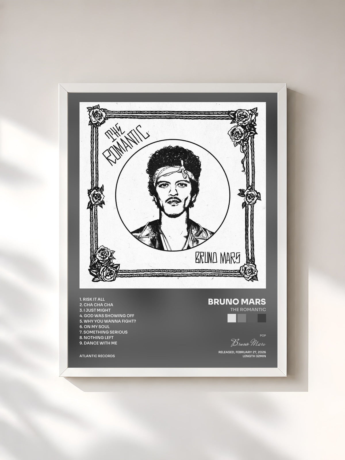 #blanc Tableau de l'album The Romantic de Bruno Mars, cadre blanc, imprimé et encadré en France