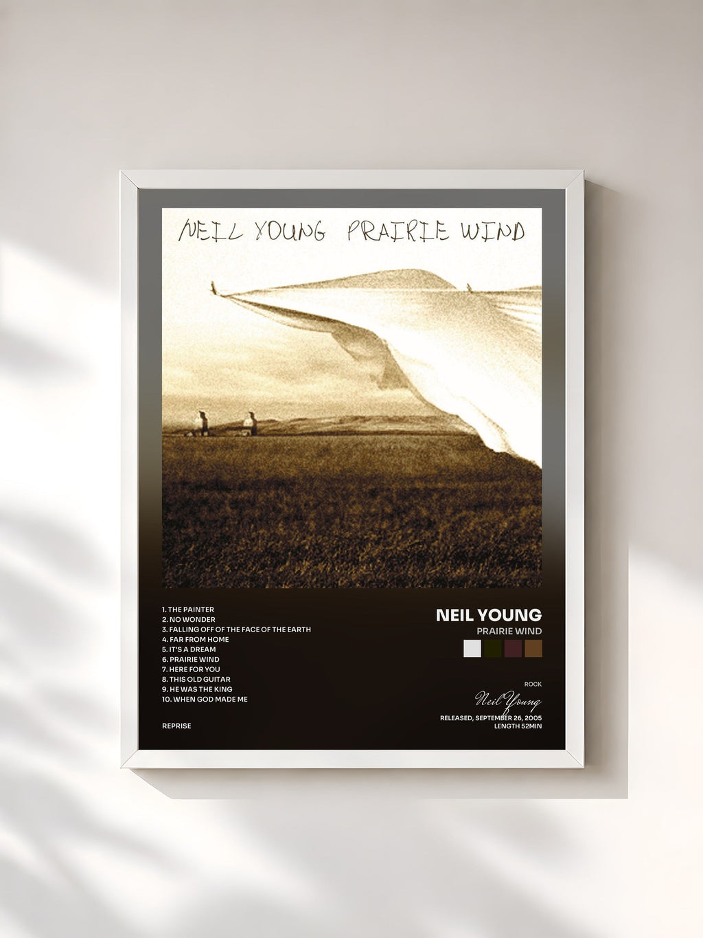 #blanc Tableau de l'album Prairie Wind de Neil Young, cadre blanc, imprimé et encadré en France