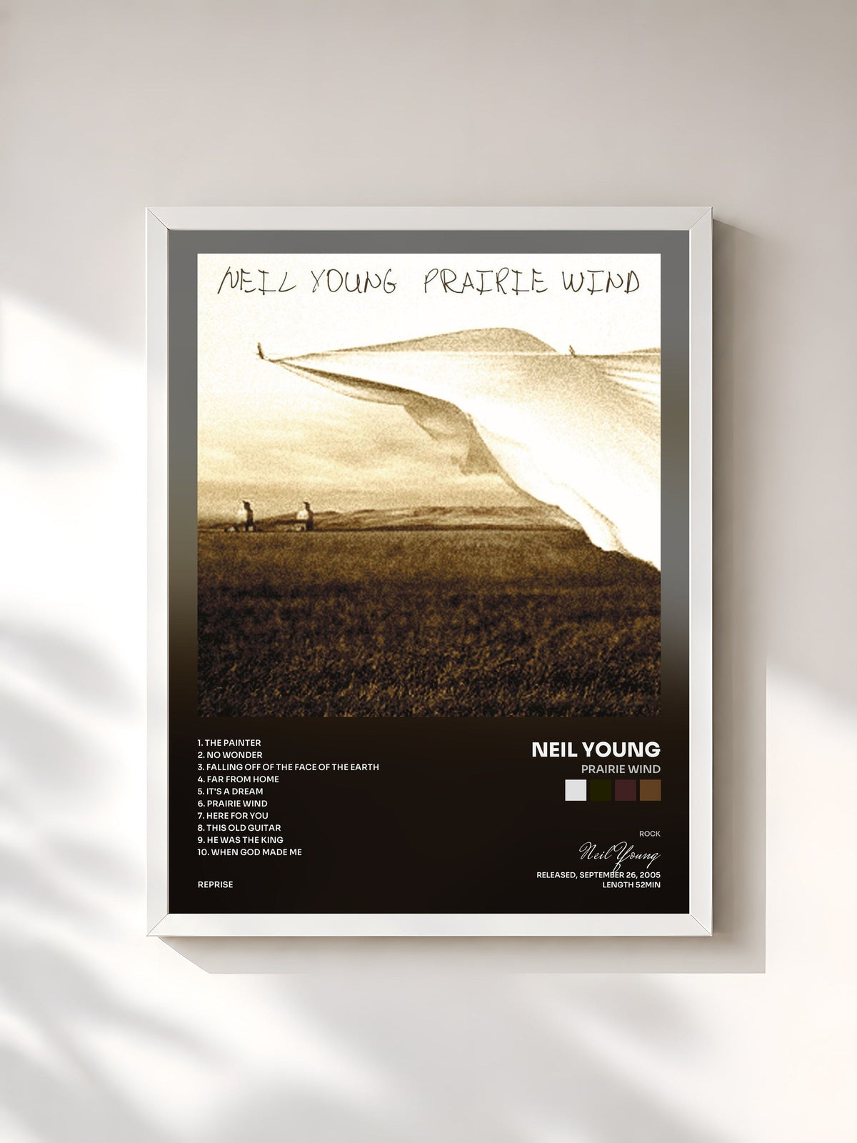 #blanc Tableau de l'album Prairie Wind de Neil Young, cadre blanc, imprimé et encadré en France