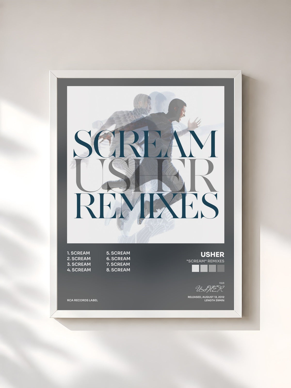 #blanc Tableau de l'album "Scream" Remixes de USHER, cadre blanc, imprimé et encadré en France