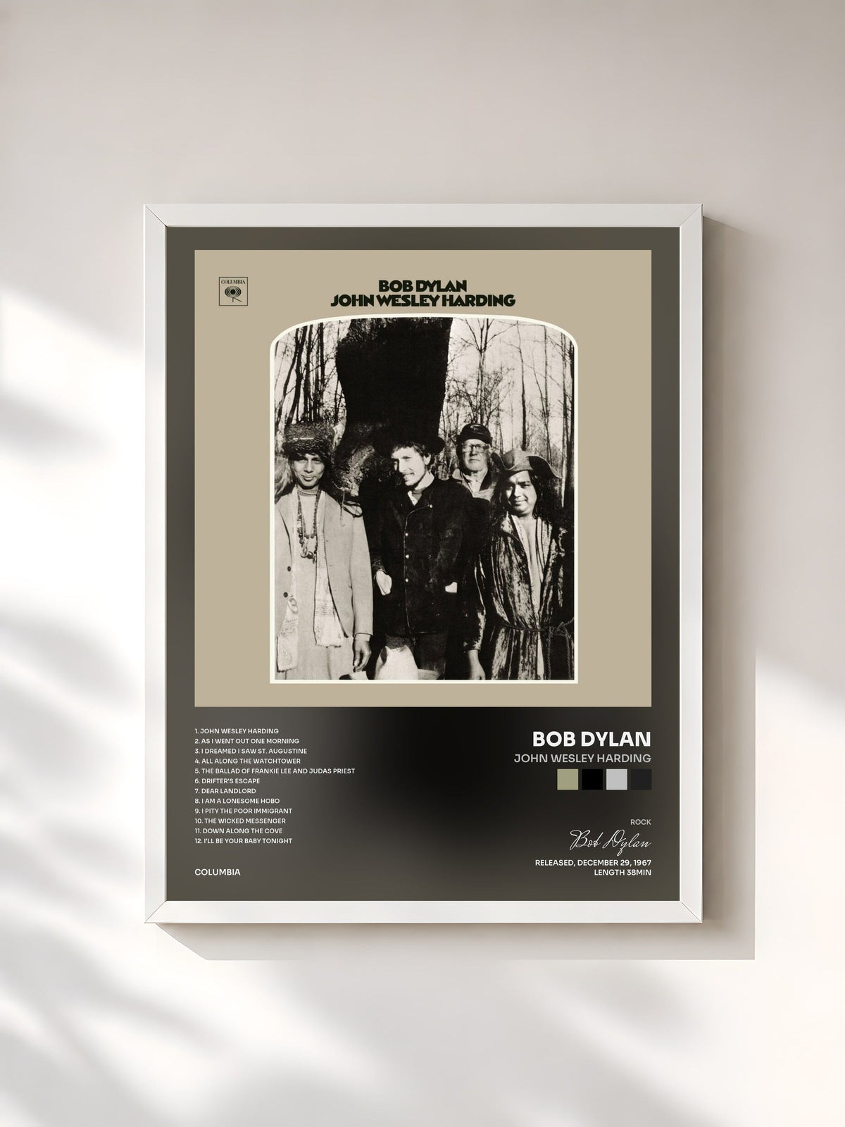 #blanc Tableau de l'album John Wesley Harding de Bob Dylan, cadre blanc, imprimé et encadré en France