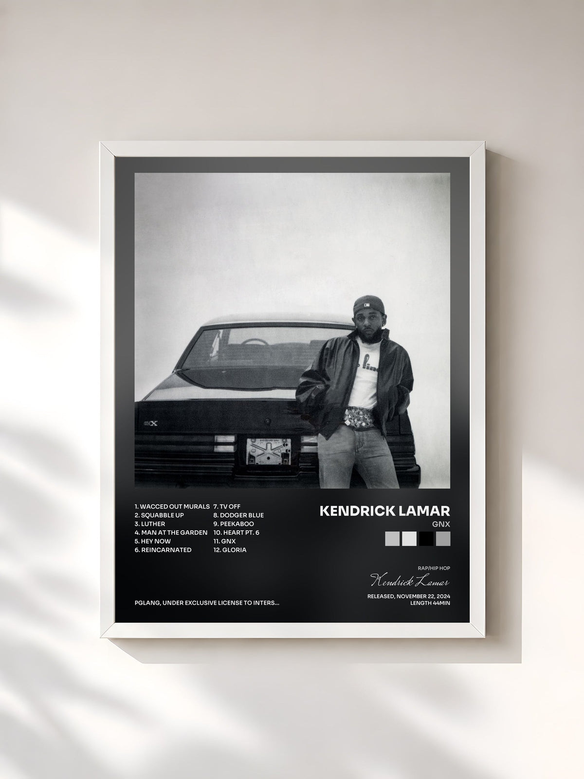 #blanc Tableau de l'album GNX de Kendrick Lamar, cadre blanc, imprimé et encadré en France