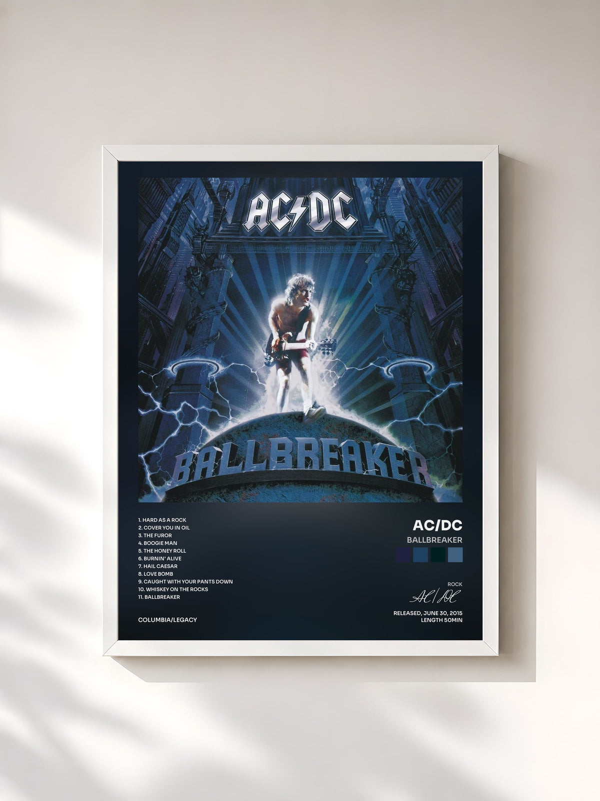 #blanc Tableau de l'album Ballbreaker de AC/DC, cadre blanc, imprimé et encadré en France