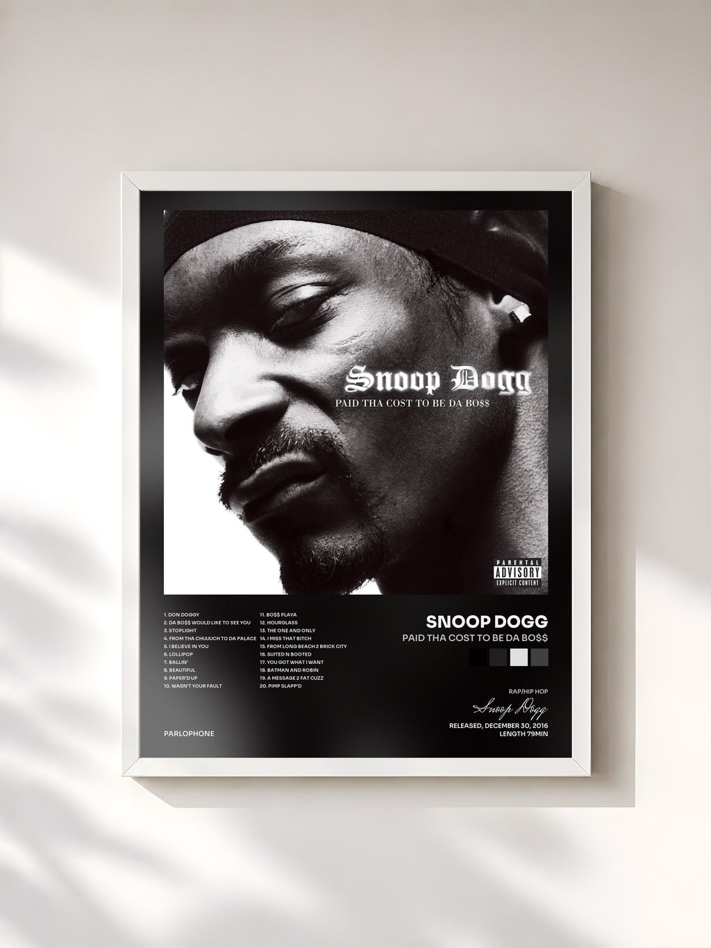 #blanc Tableau de l'album Paid Tha Cost To Be Da Bo$$ de Snoop Dogg, cadre blanc, imprimé et encadré en France
