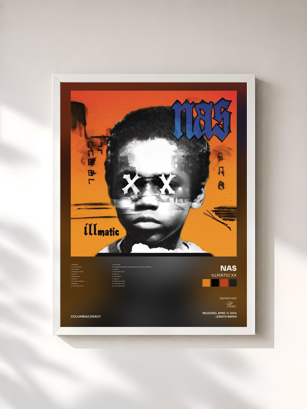 #blanc Tableau de l'album Illmatic XX de Nas, cadre blanc, imprimé et encadré en France
