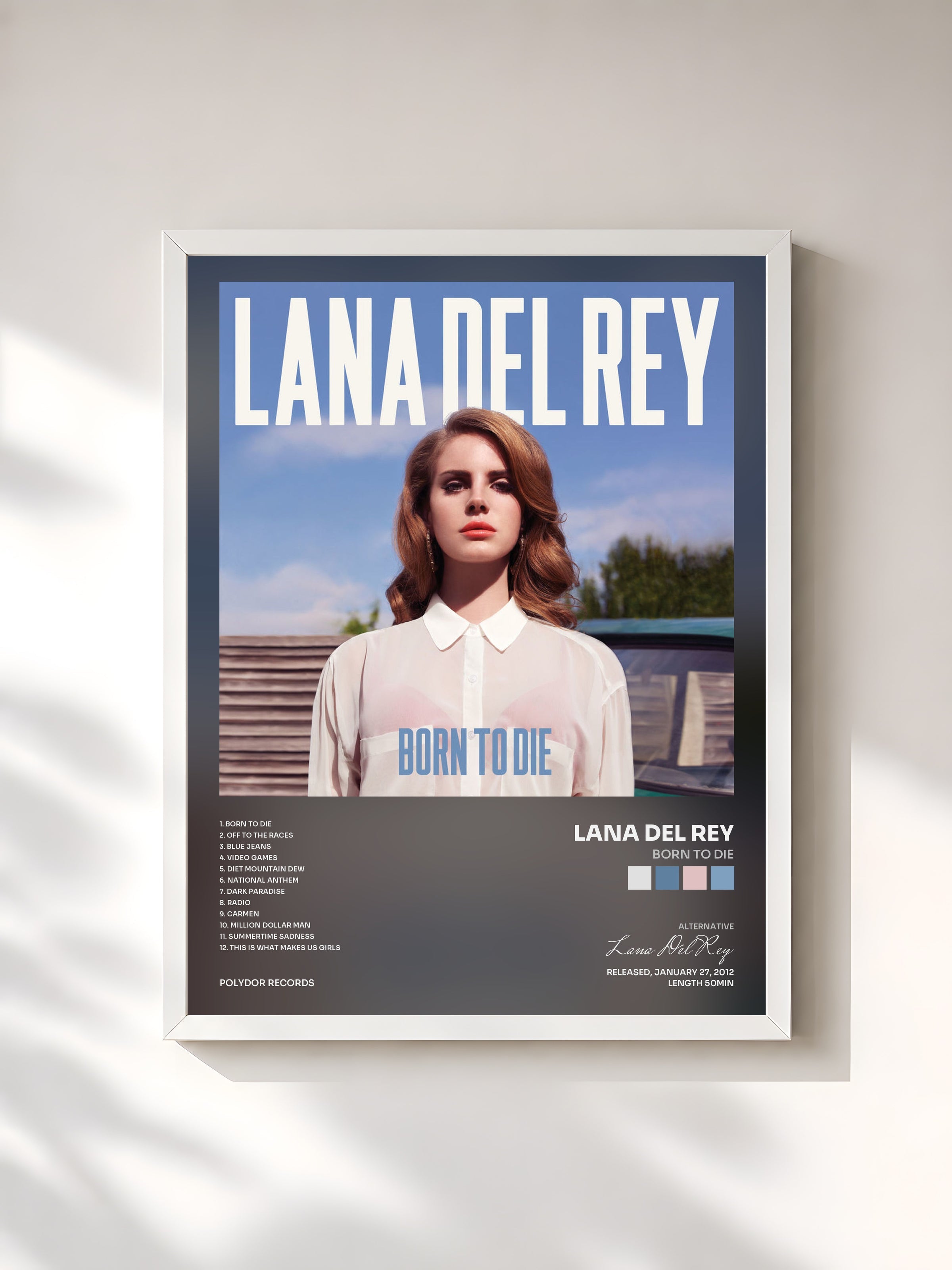 #blanc Born To Die di Lana Del Rey in stampa incorniciata, cornice bianca, stampata e incorniciata in Francia