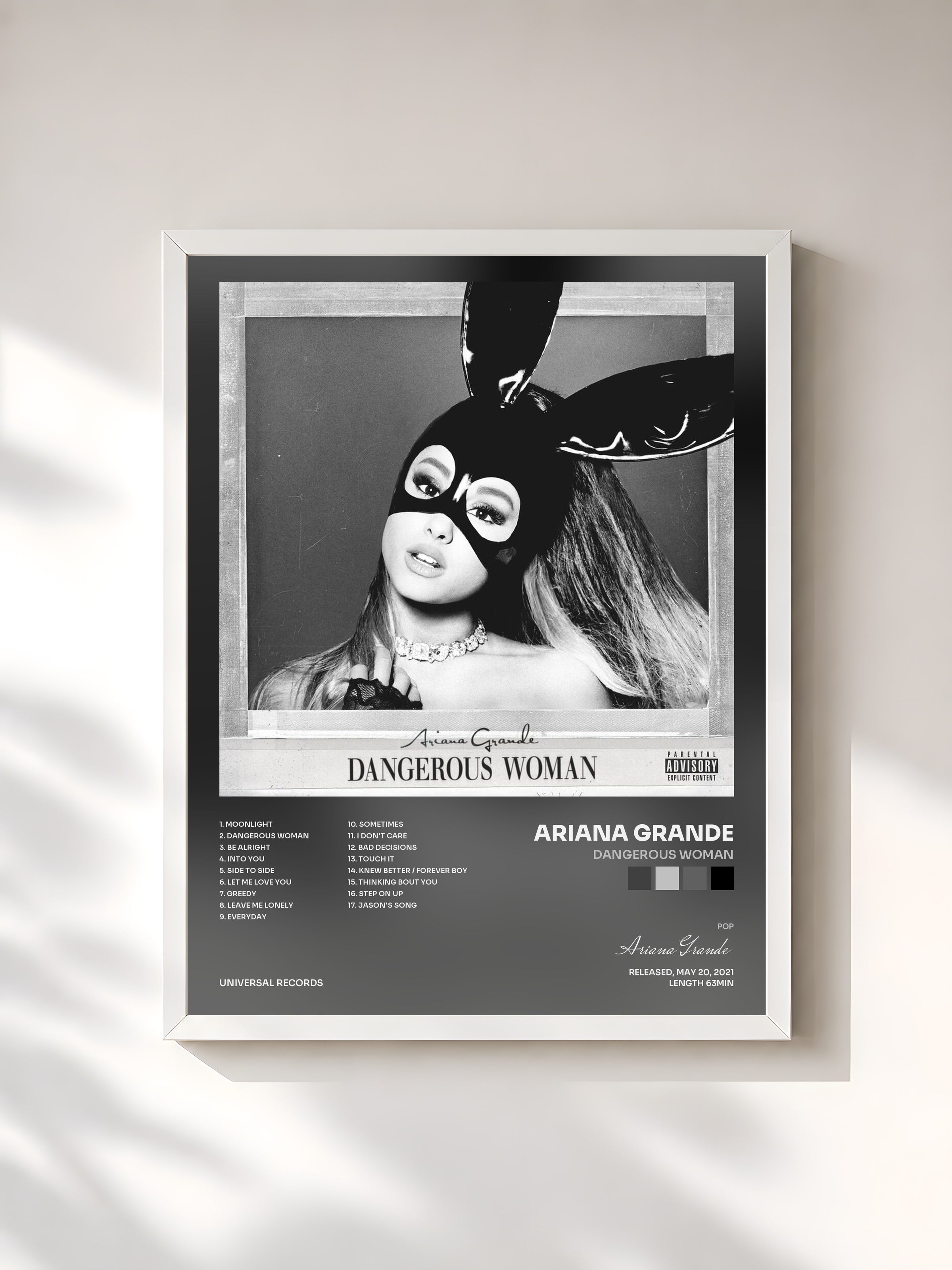 #blanc Dangerous Woman by Ariana Grande as a framed art print, white frame, printed and framed in France