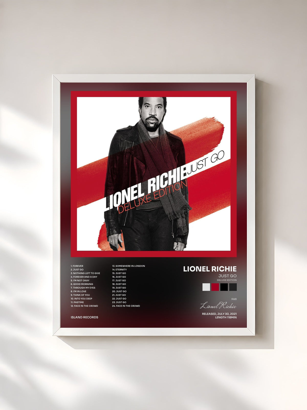 #blanc Tableau de l'album Just Go (Deluxe Edition) de Lionel Richie, cadre blanc, imprimé et encadré en France