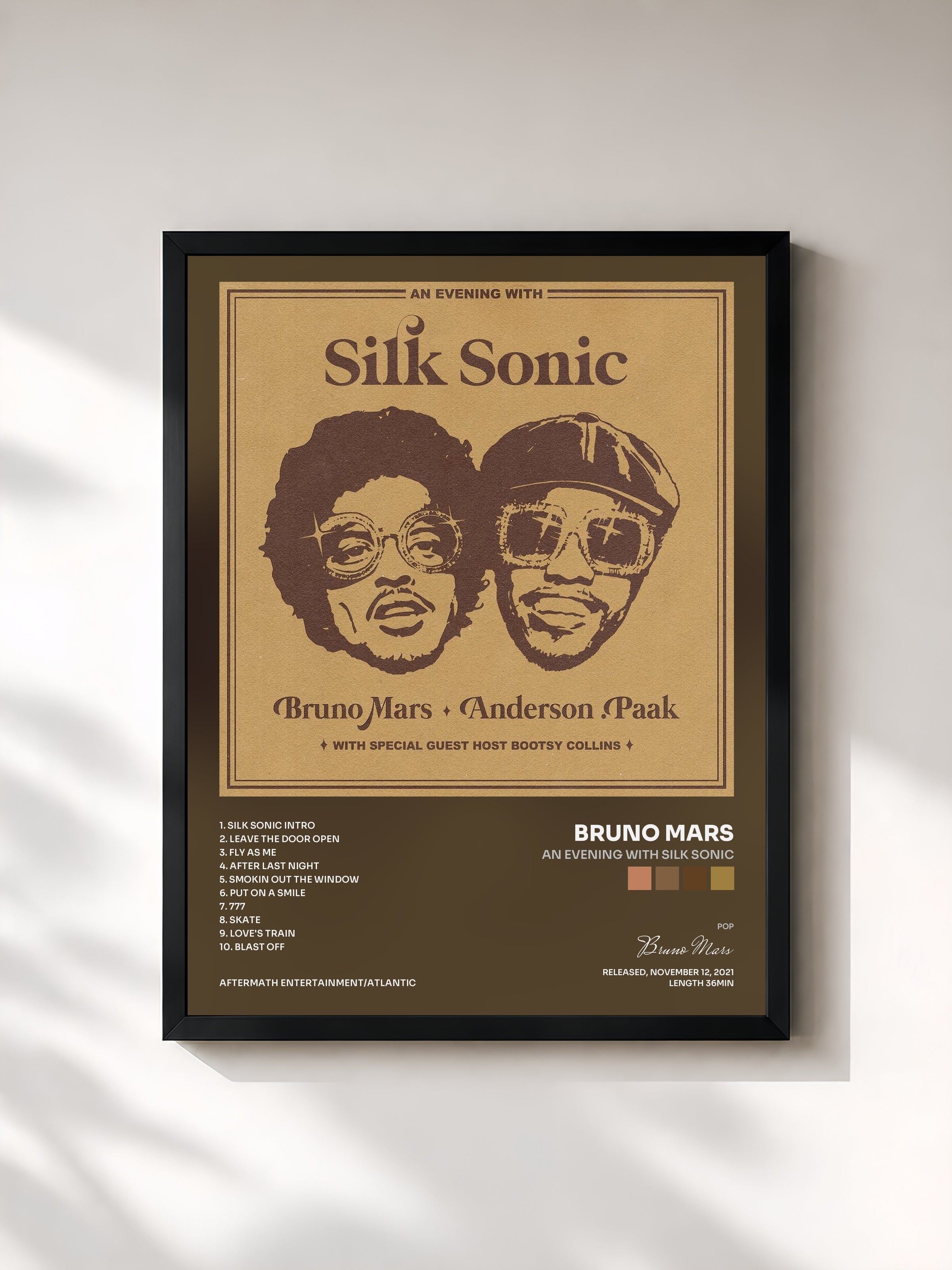 #noir An Evening With Silk Sonic by Bruno Mars as a framed art print, black frame, printed and framed in France