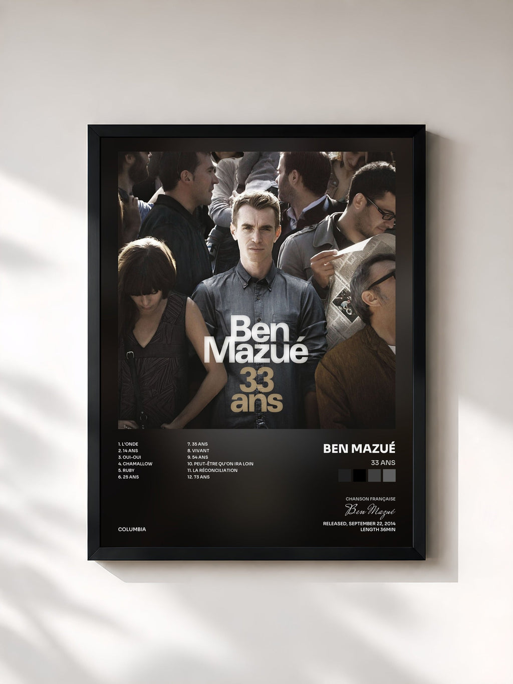 #noir Tableau de l'album 33 ans de Ben Mazué, cadre noir, imprimé et encadré en France