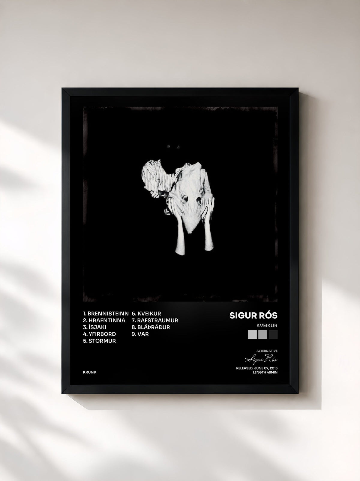 #noir Tableau de l'album Kveikur de Sigur Rós, cadre noir, imprimé et encadré en France