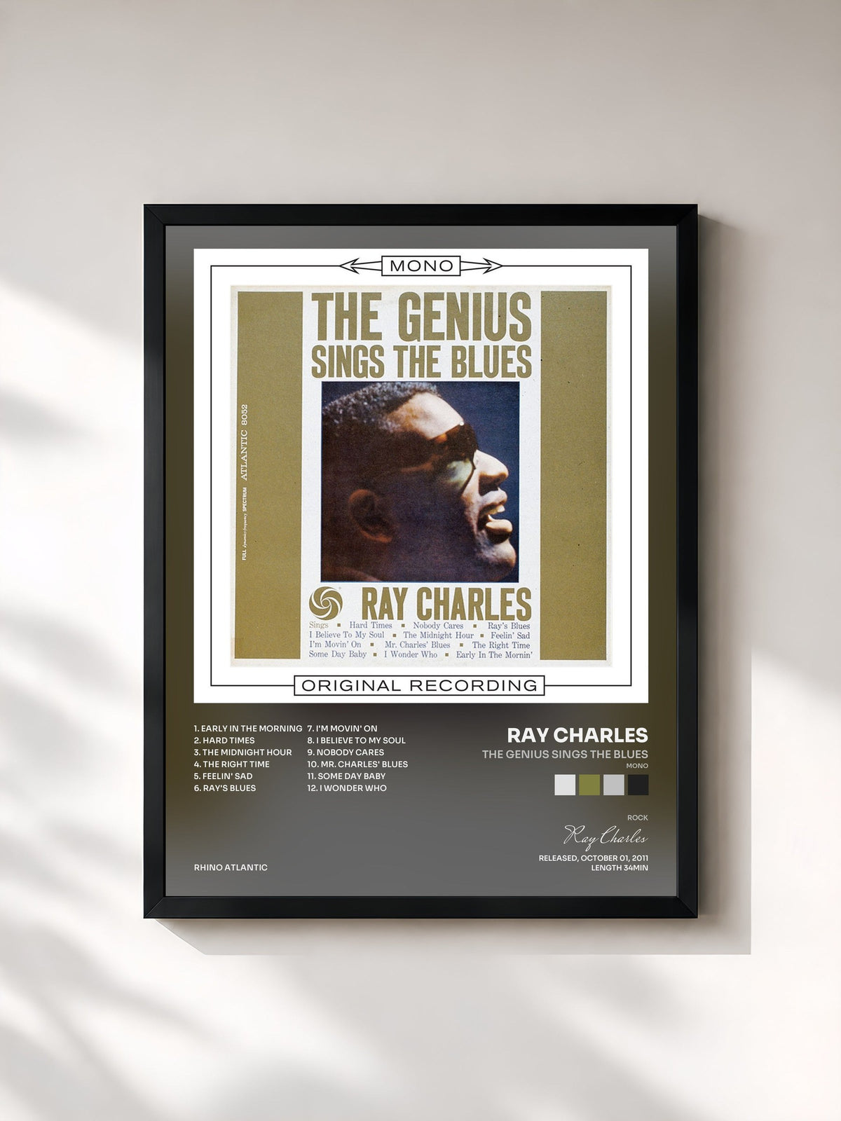 #noir Tableau de l'album The Genius Sings the Blues (Mono) de Ray Charles, cadre noir, imprimé et encadré en France