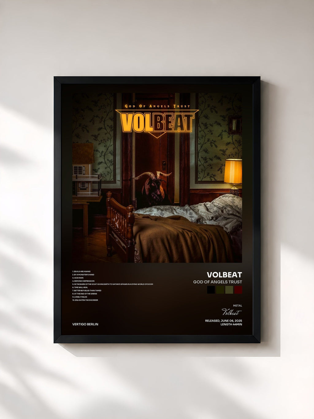 #noir Tableau de l'album God Of Angels Trust de Volbeat, cadre noir, imprimé et encadré en France