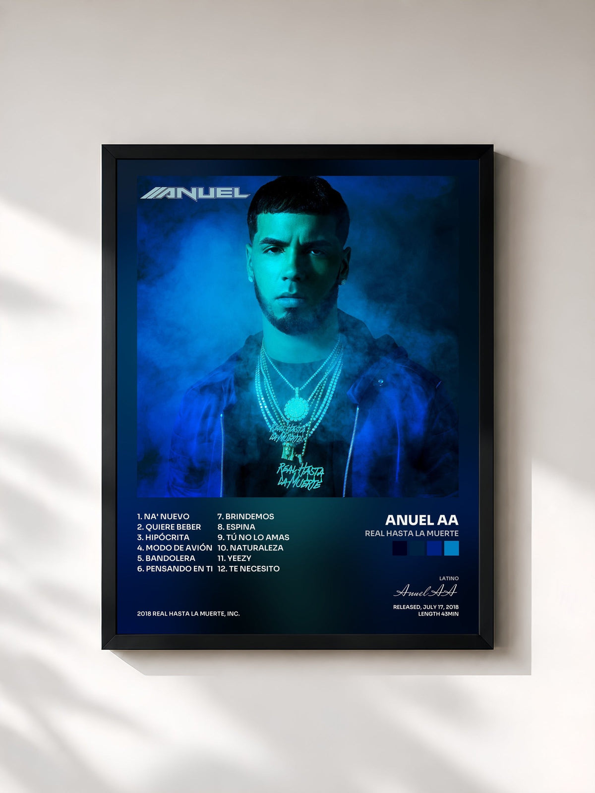 #noir Tableau de l'album Real Hasta la Muerte de Anuel AA, cadre noir, imprimé et encadré en France