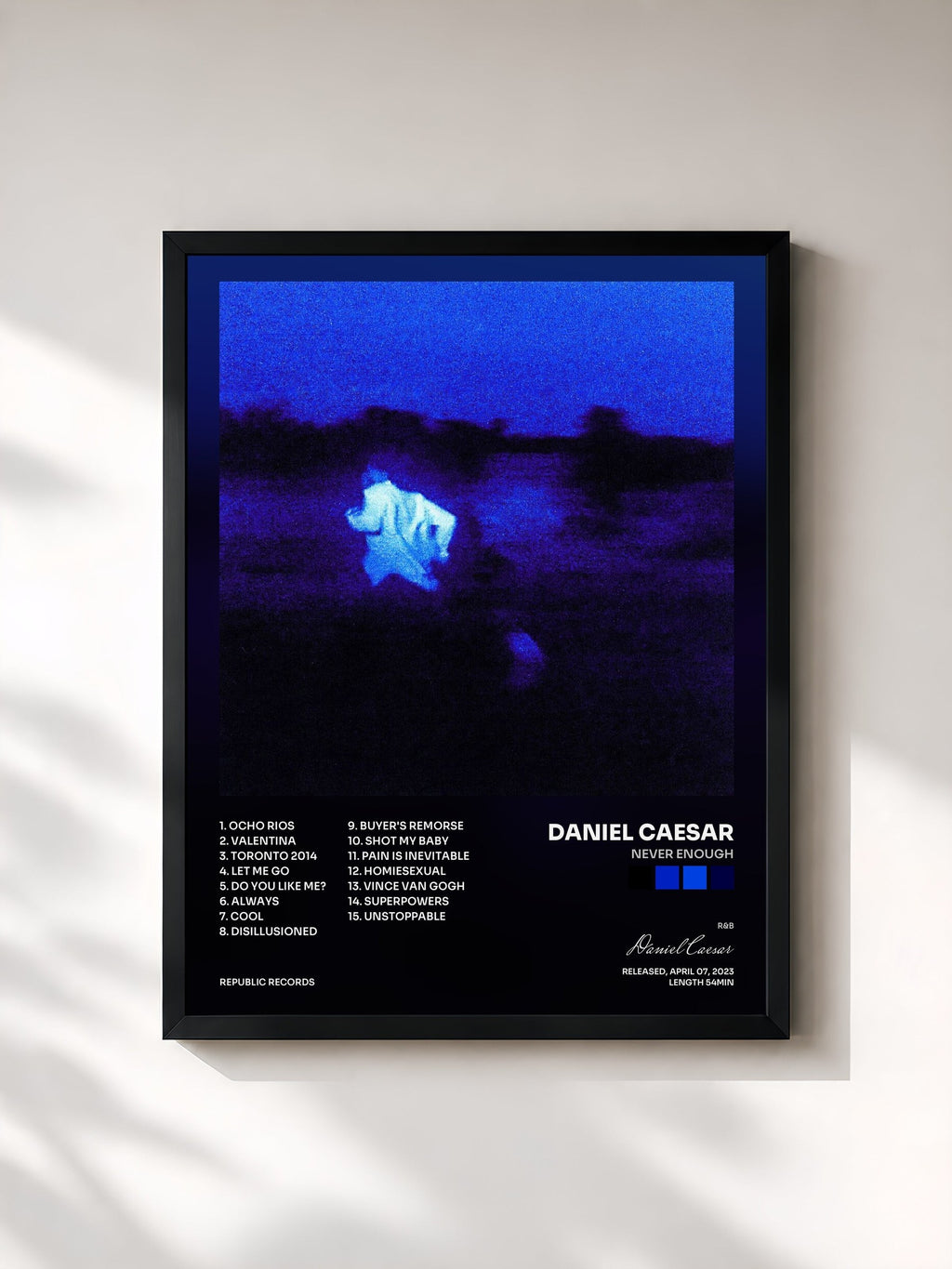 #noir NEVER ENOUGH by Daniel Caesar as a framed art print, black frame, printed and framed in France
