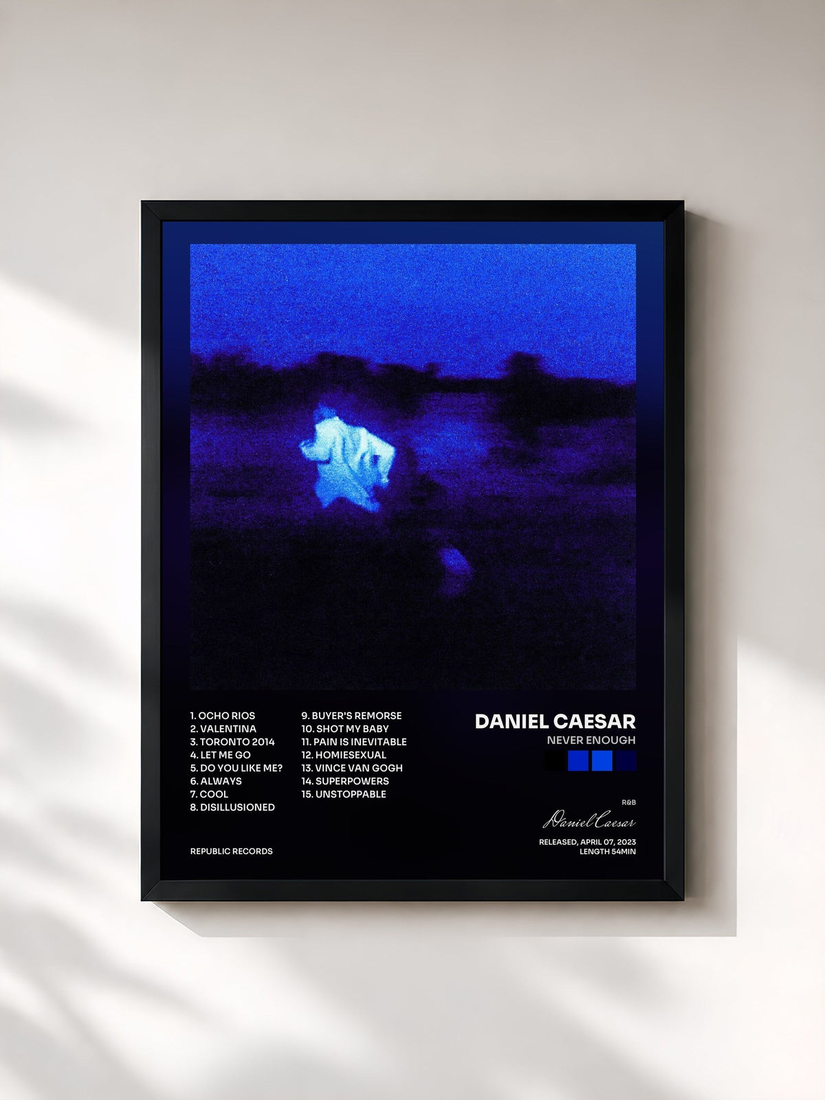 #noir Tableau de l'album NEVER ENOUGH de Daniel Caesar, cadre noir, imprimé et encadré en France