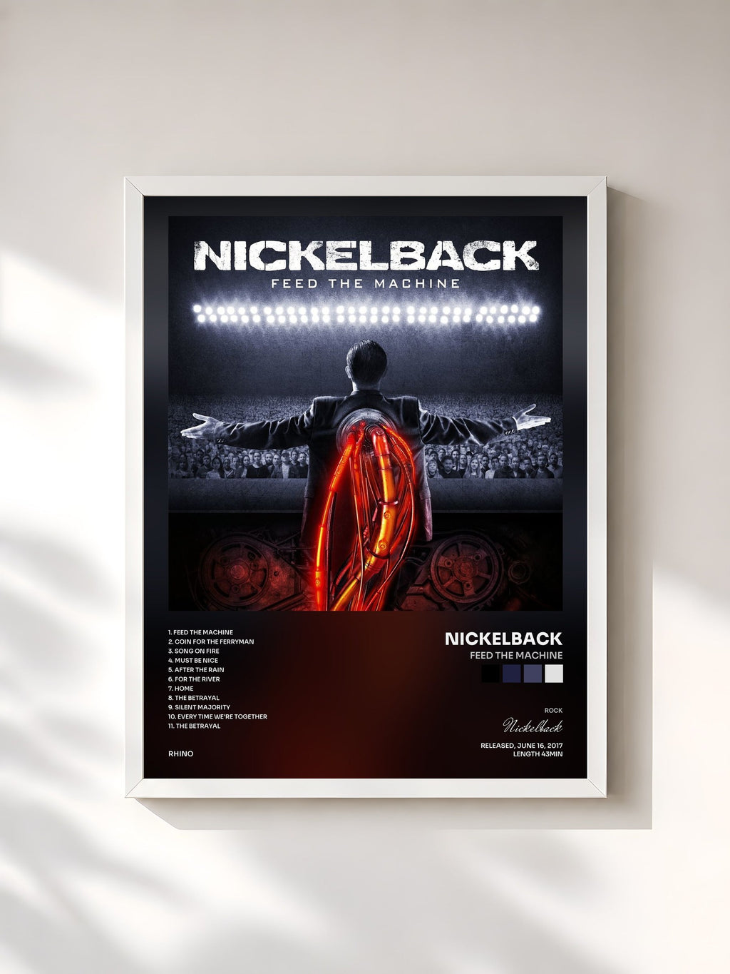#blanc Tableau de l'album Feed the Machine de Nickelback, cadre blanc, imprimé et encadré en France