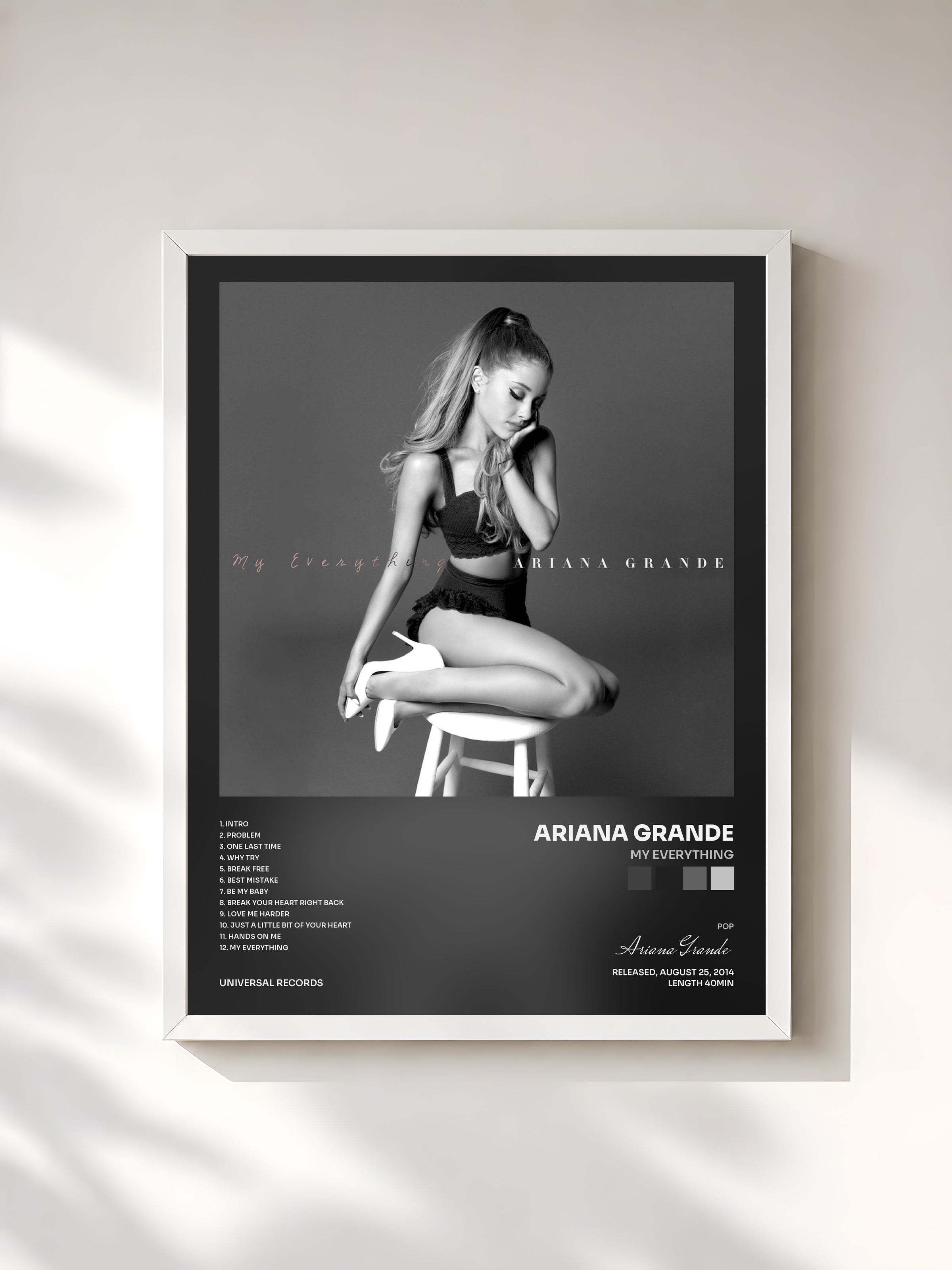 #blanc My Everything by Ariana Grande as a framed art print, white frame, printed and framed in France