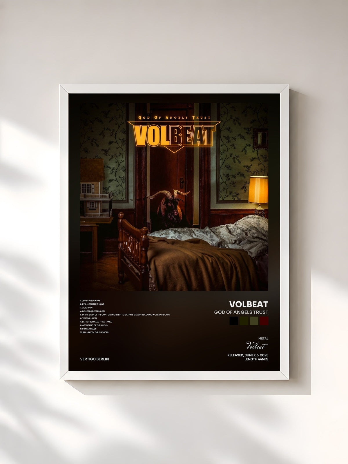 #blanc Tableau de l'album God Of Angels Trust de Volbeat, cadre blanc, imprimé et encadré en France