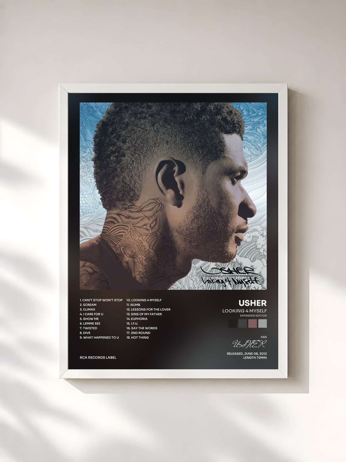 #blanc Tableau de l'album Looking 4 Myself (Expanded Edition) de USHER, cadre blanc, imprimé et encadré en France