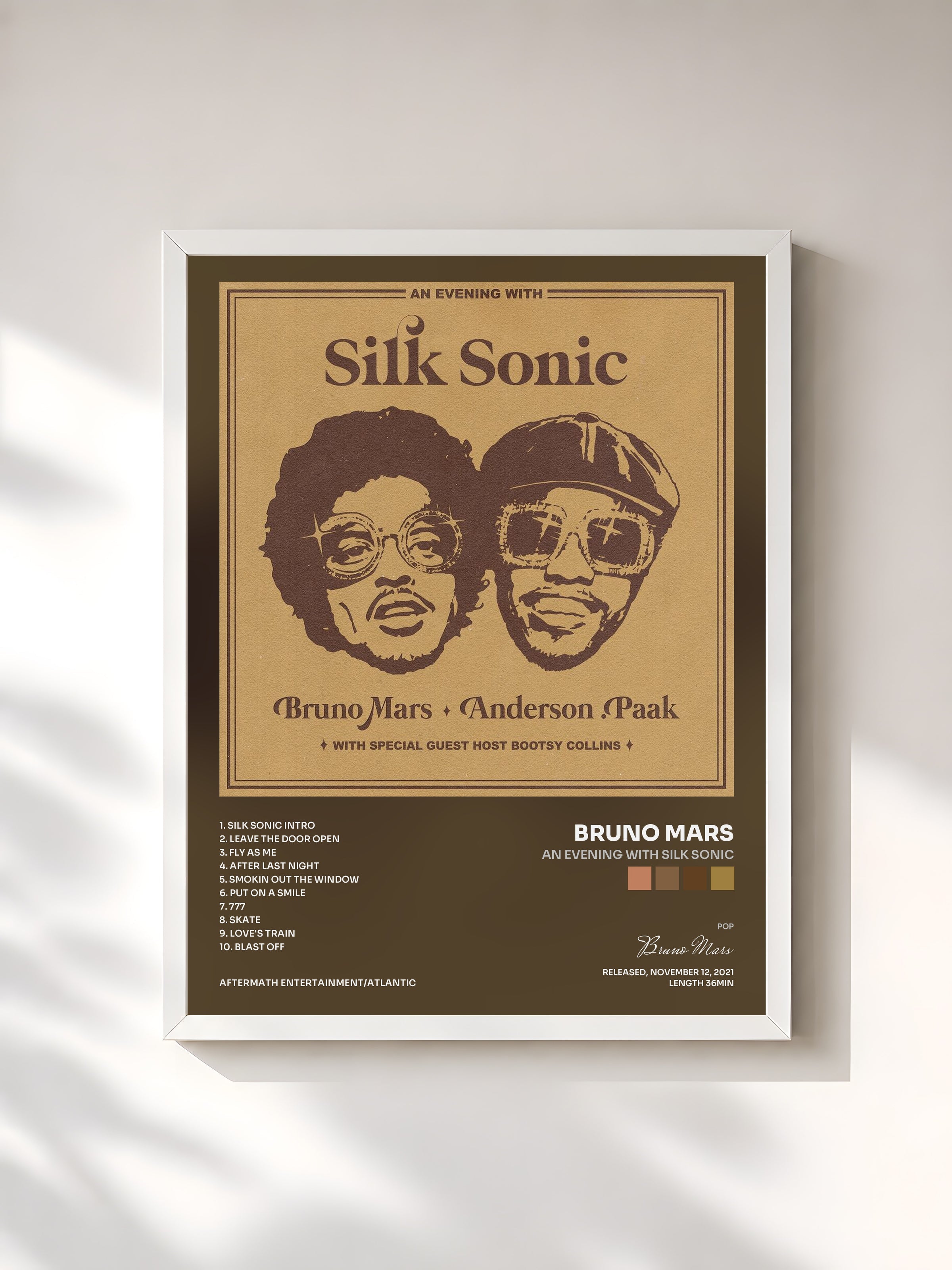 #blanc An Evening With Silk Sonic by Bruno Mars as a framed art print, white frame, printed and framed in France