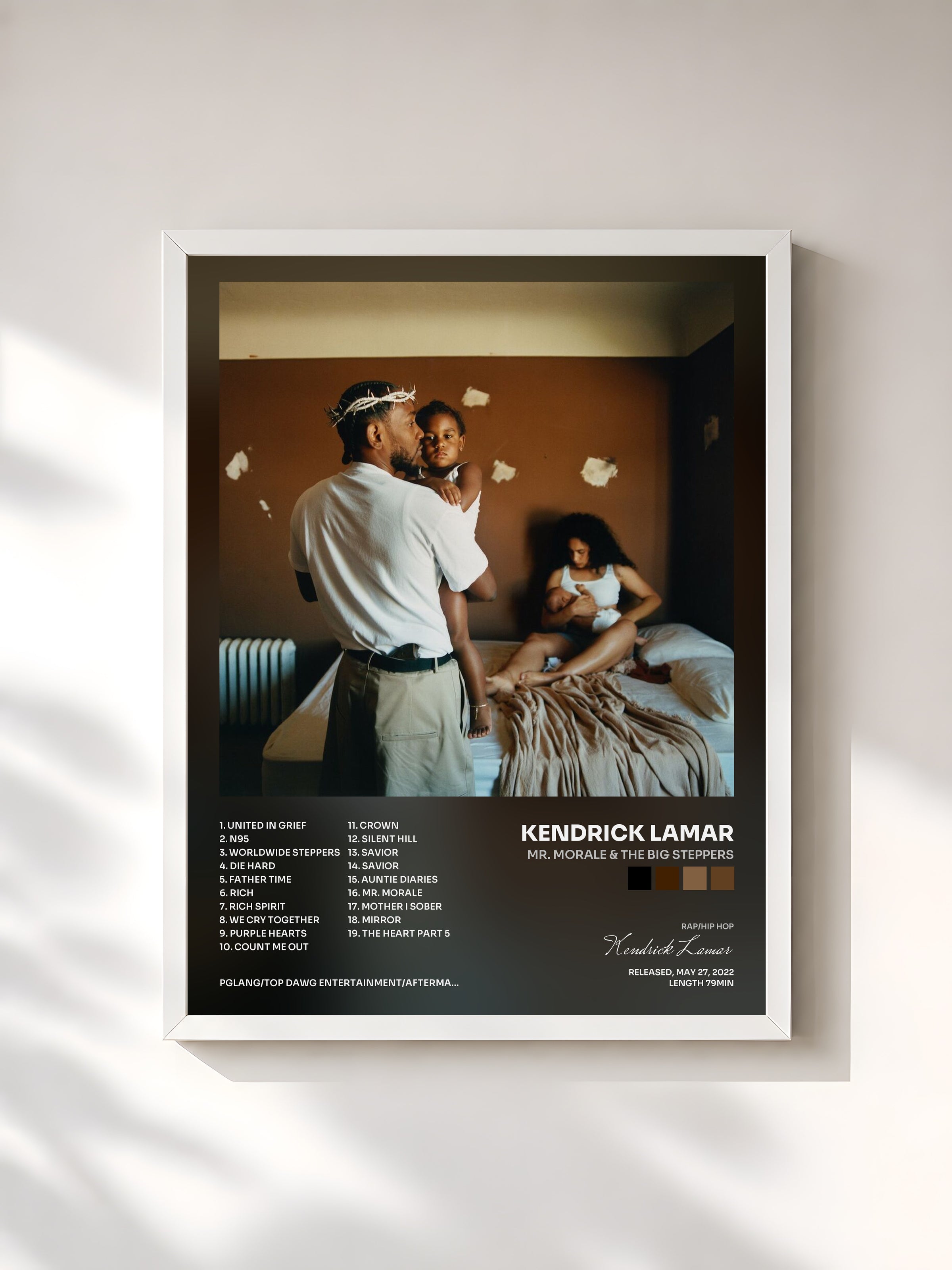 #blanc Tableau de l'album Mr. Morale & The Big Steppers de Kendrick Lamar, cadre blanc, imprimé et encadré en France
