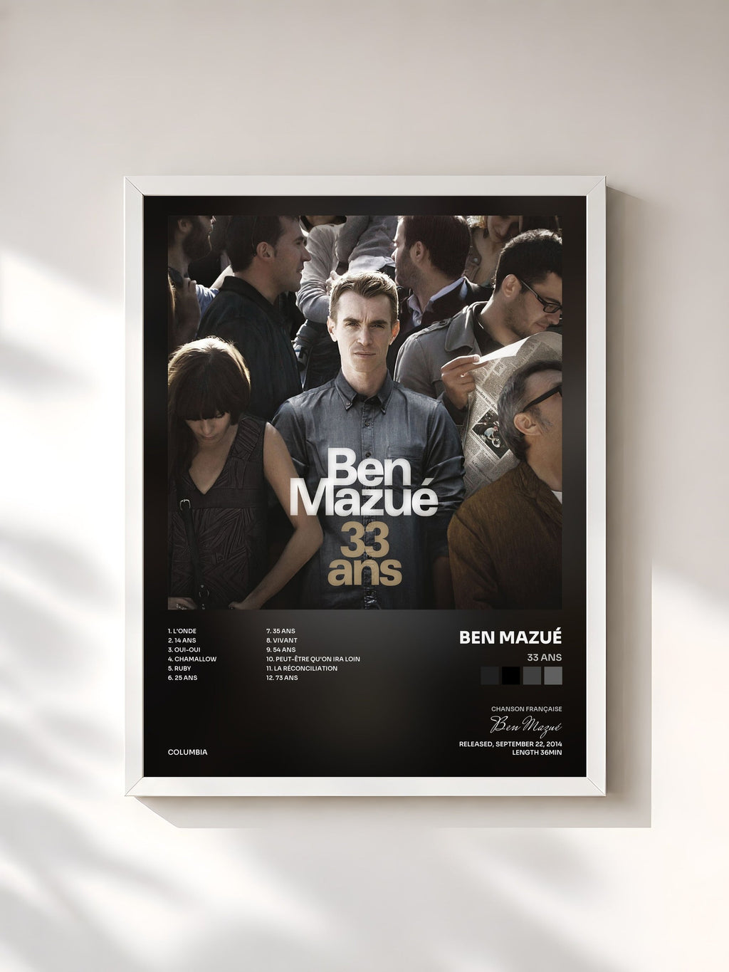 #blanc Tableau de l'album 33 ans de Ben Mazué, cadre blanc, imprimé et encadré en France