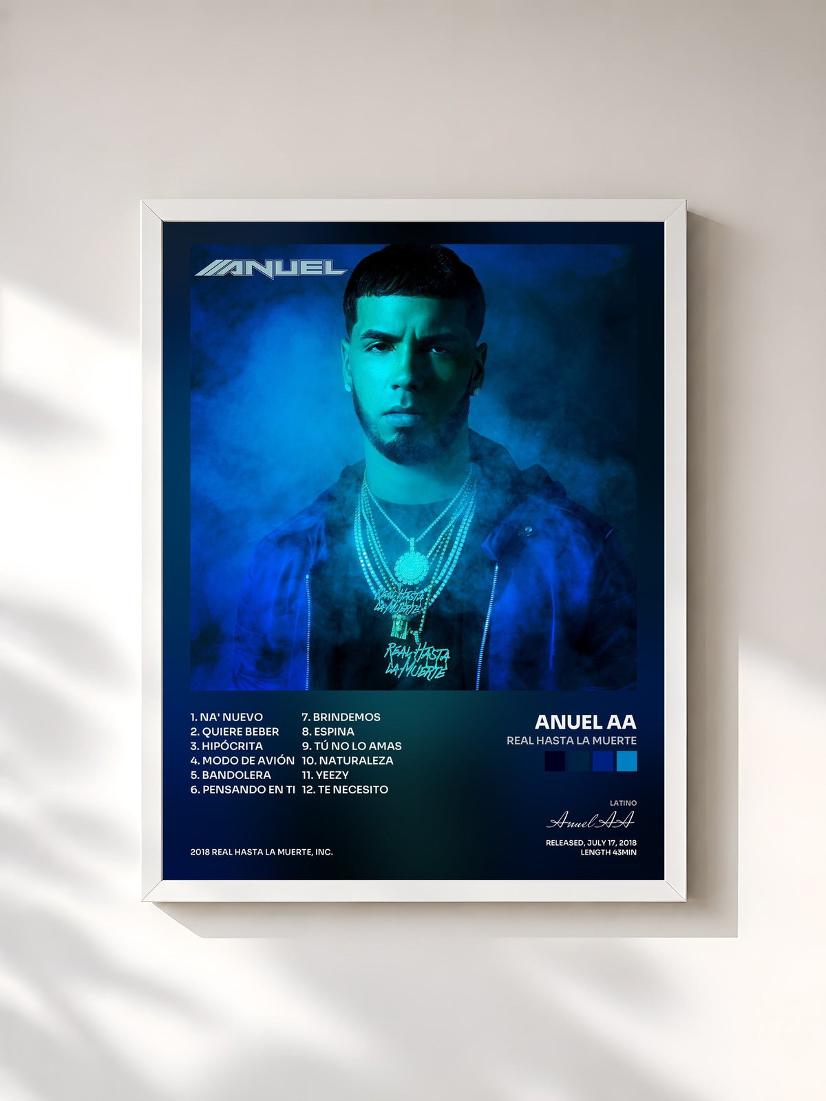 #blanc Tableau de l'album Real Hasta la Muerte de Anuel AA, cadre blanc, imprimé et encadré en France