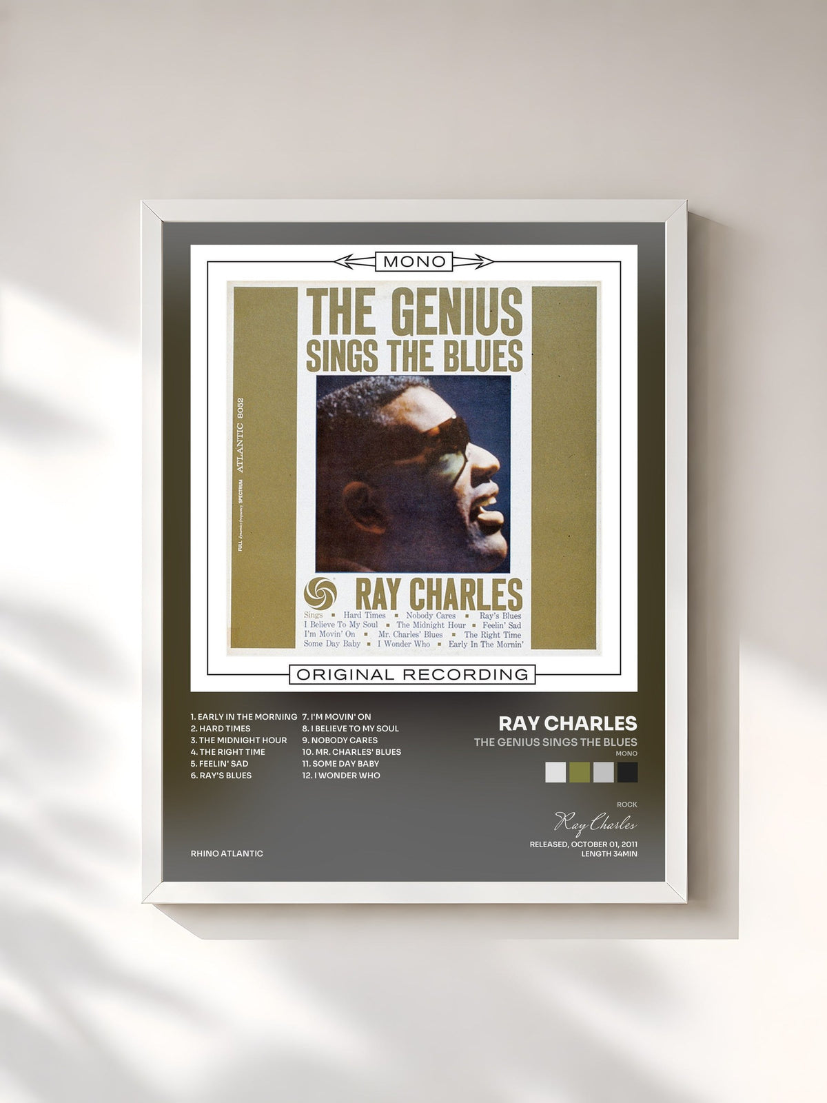 #blanc Tableau de l'album The Genius Sings the Blues (Mono) de Ray Charles, cadre blanc, imprimé et encadré en France