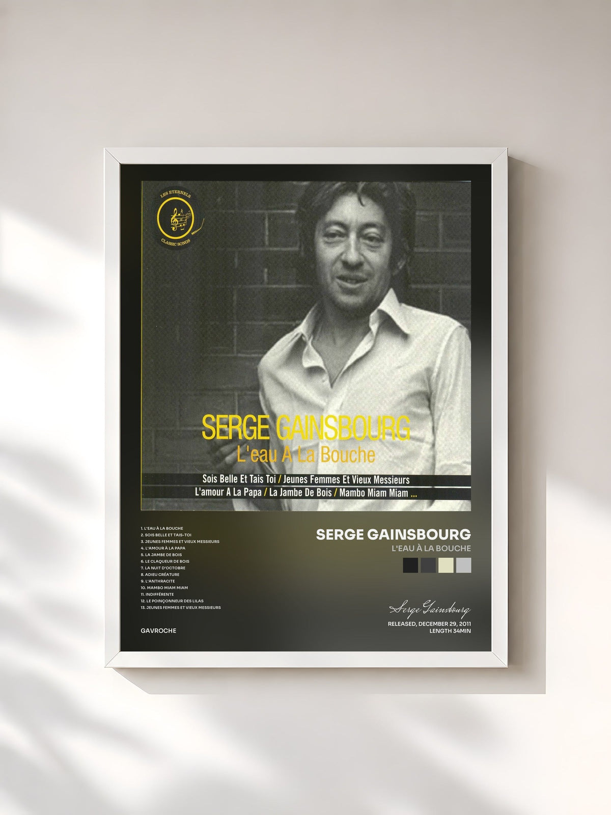 #blanc Tableau de l'album L'eau à la bouche de Serge Gainsbourg, cadre blanc, imprimé et encadré en France