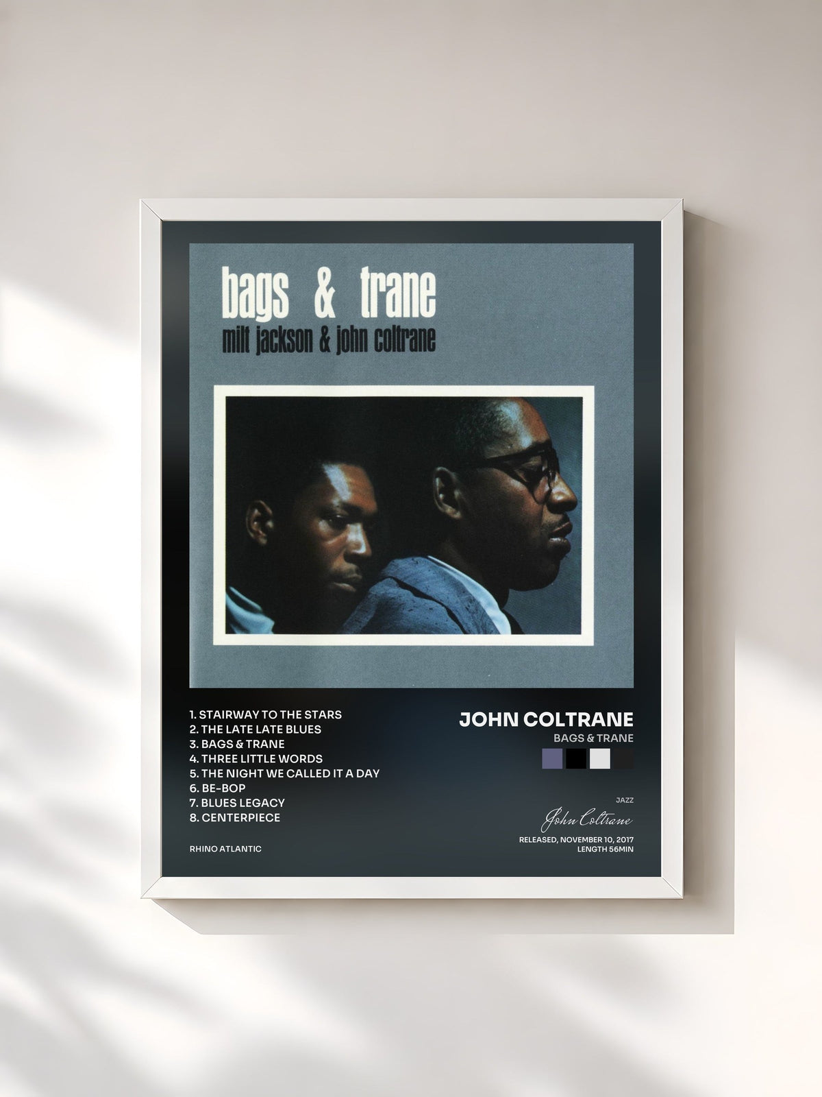#blanc Tableau de l'album Bags & Trane de John Coltrane, cadre blanc, imprimé et encadré en France