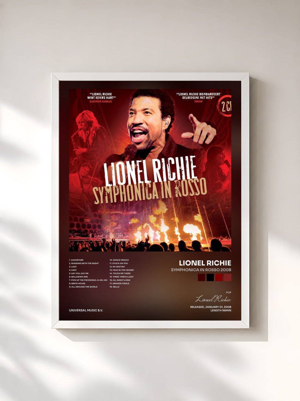 #blanc Tableau de l'album Symphonica In Rosso 2008 de Lionel Richie, cadre blanc, imprimé et encadré en France